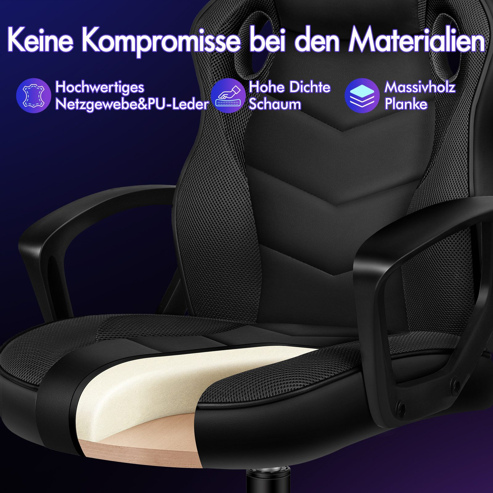 Detail des schwarzen Gaming-Stuhls. Merkmale sind Mesh, PU-Leder, Schaumstoff und Holz. Text: 'Keine Kompromisse'.