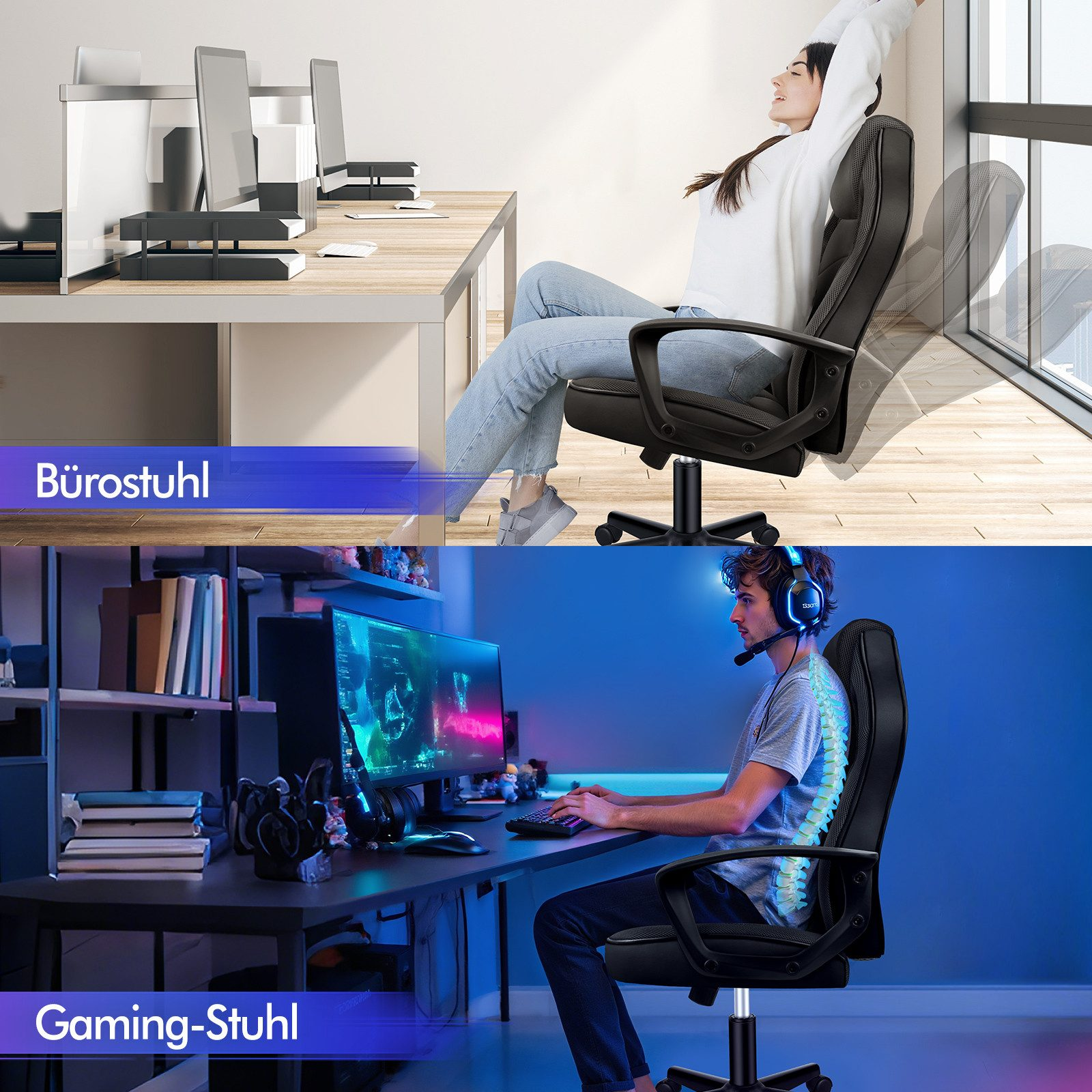 Das Bild zeigt zwei Personen, eine dehnt sich in einem Bürostuhl, eine andere spielt in einem Gaming-Stuhl.