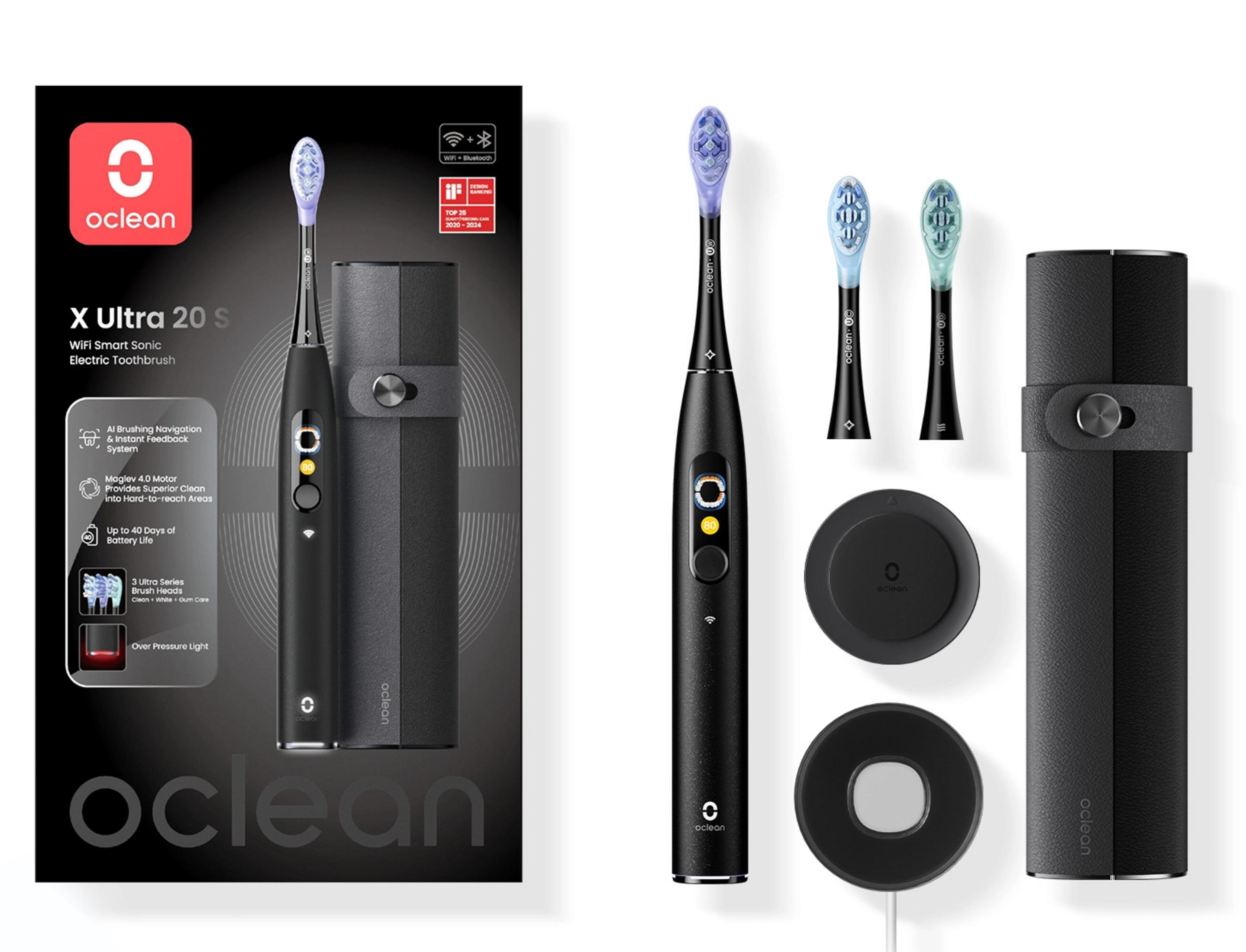 Oclean X Ultra 20S elektrische Zahnbürste. Schwarz. Enthält Zahnbürste, Köpfe, Ladegerät und Reiseetui. Weißer Hintergrund.
