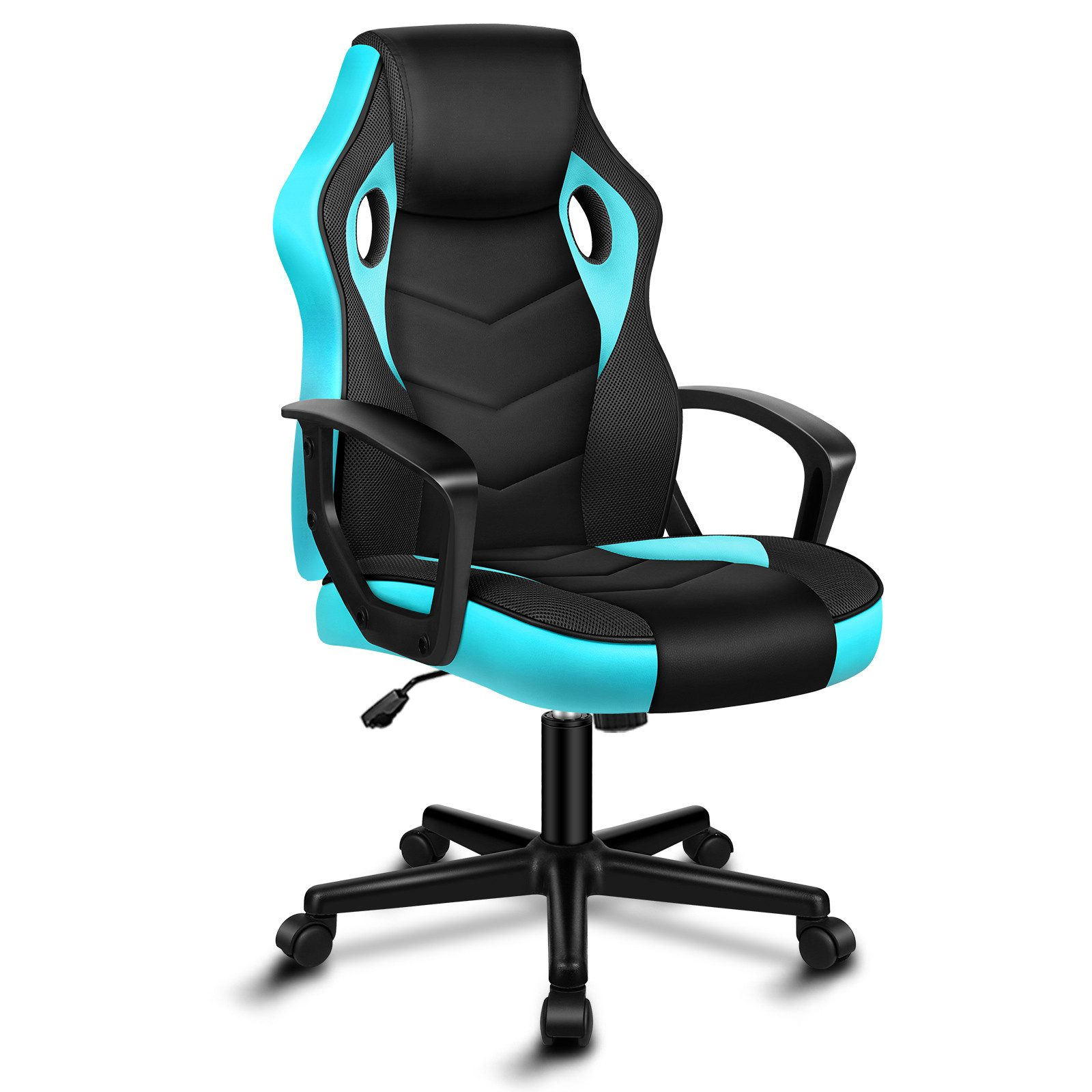 Ein Gaming-Stuhl mit schwarzem Sitz und Rücken, türkisfarbenen Akzenten und einem schwarzen Gestell mit Rollen, vor weißem Hintergrund.