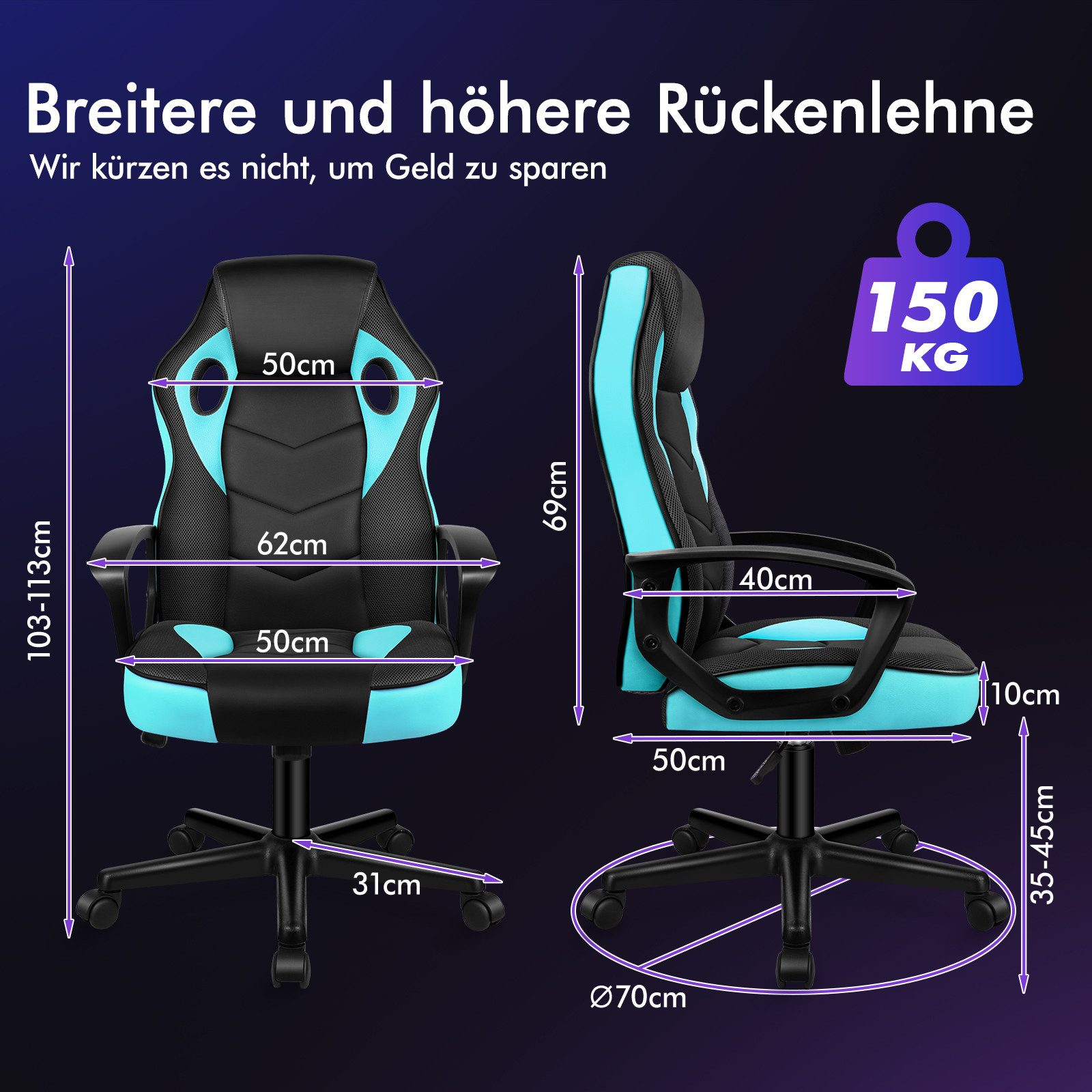 Gaming-Stuhl mit Maßen, schwarz und cyanfarben. Zeigt Maße: 103-113cm, 62cm, 50cm, 31cm. Unterstützt 150kg.