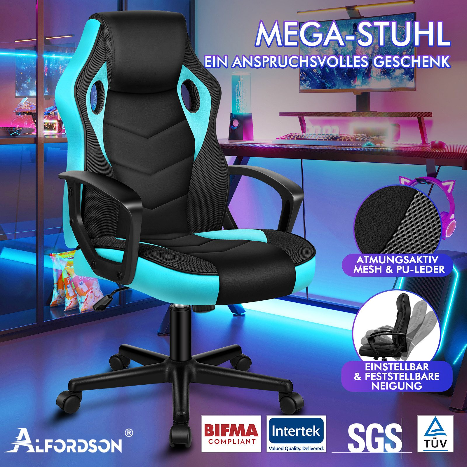 Gaming-Stuhl in Schwarz und Blau. Text enthält Mega-Stuhl und Funktionen wie verstellbare Neigung. Logos sind sichtbar.