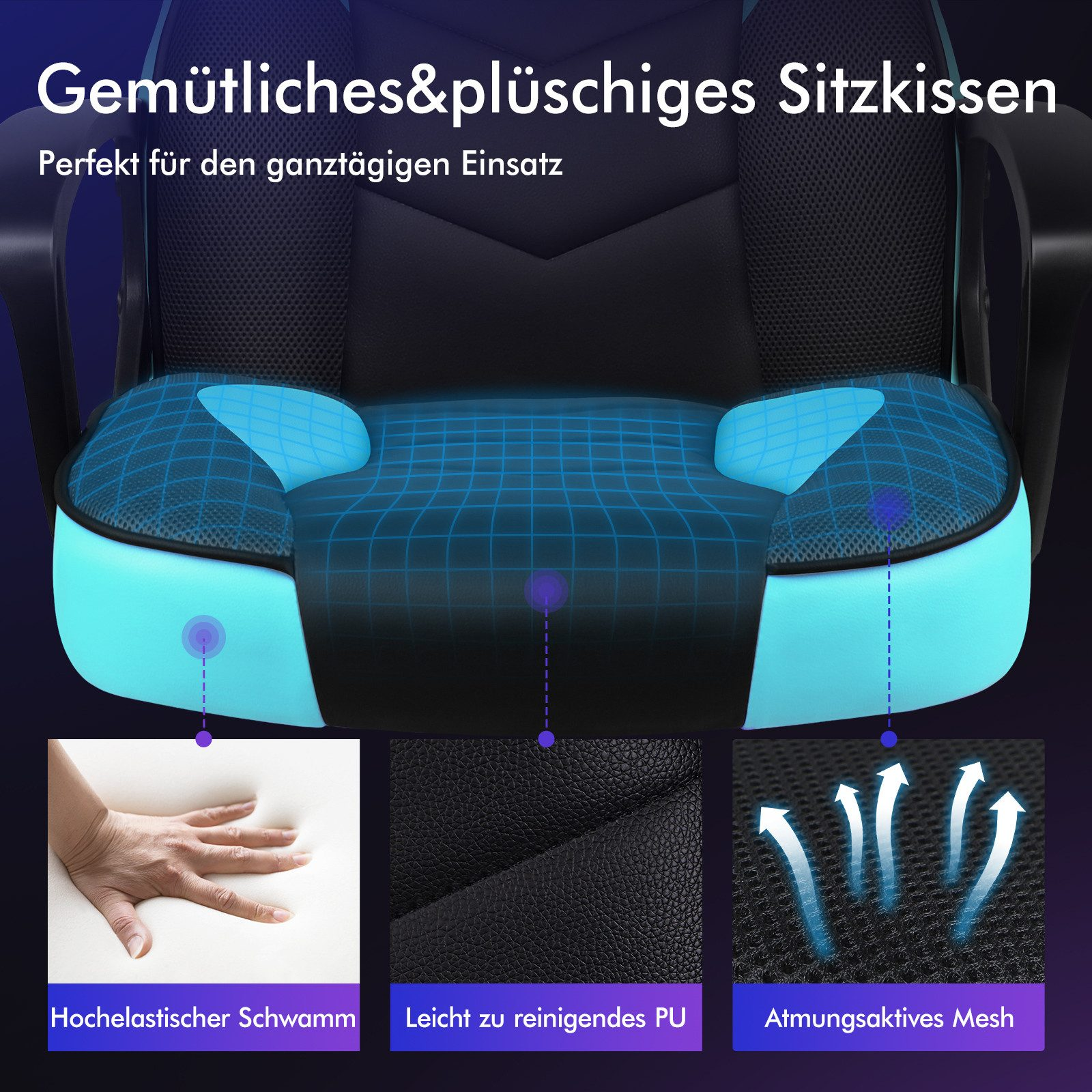 Gaming-Stuhl mit blauen Akzenten und Mesh-Rücken. Schaumstoff, PU-Leder und atmungsaktives Mesh.