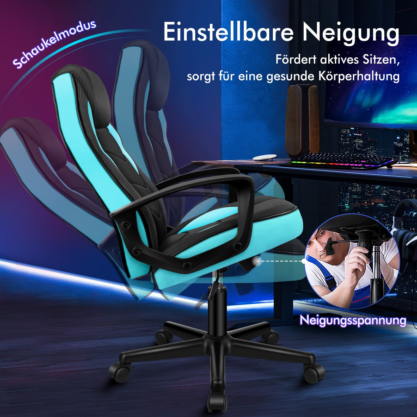Ein Gaming-Stuhl in Blau und Schwarz mit verstellbarer Neigung. Eine Person stellt eine Schraube ein. Text auf Deutsch.