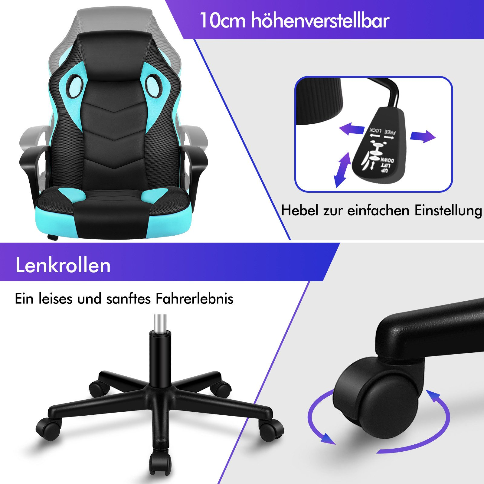 Gaming-Stuhl mit schwarzen und blauen Akzenten. Zu den Merkmalen gehören höhenverstellbar.