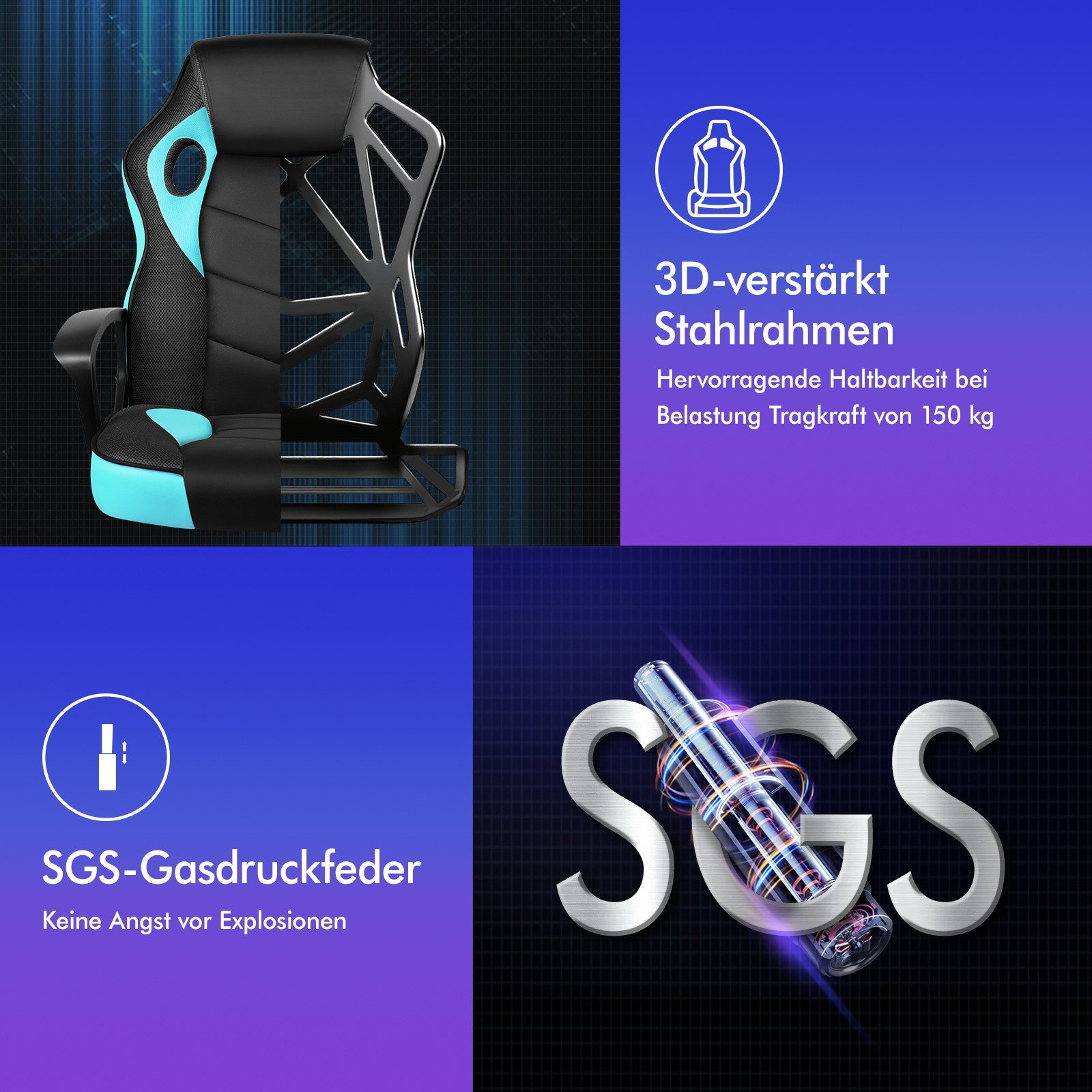 Gaming-Stuhl mit schwarzen und blauen Akzenten. Merkmale sind ein Stahlrahmen, SGS-Gasfeder und SGS-Logo.