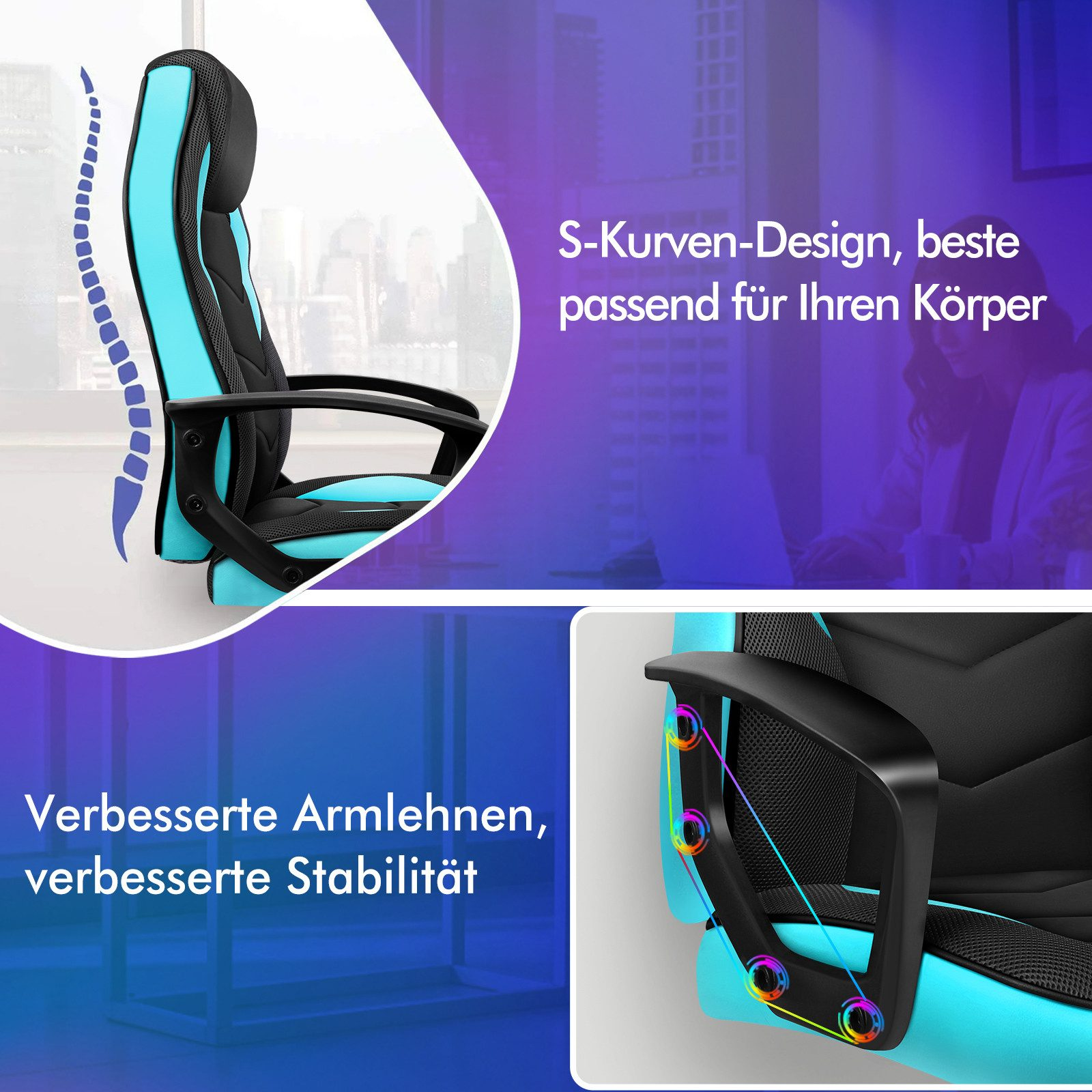 Gaming-Stuhl in Schwarz und Cyan mit ergonomischem Design. Merkmale umfassen Armlehnen und Rückenstütze.