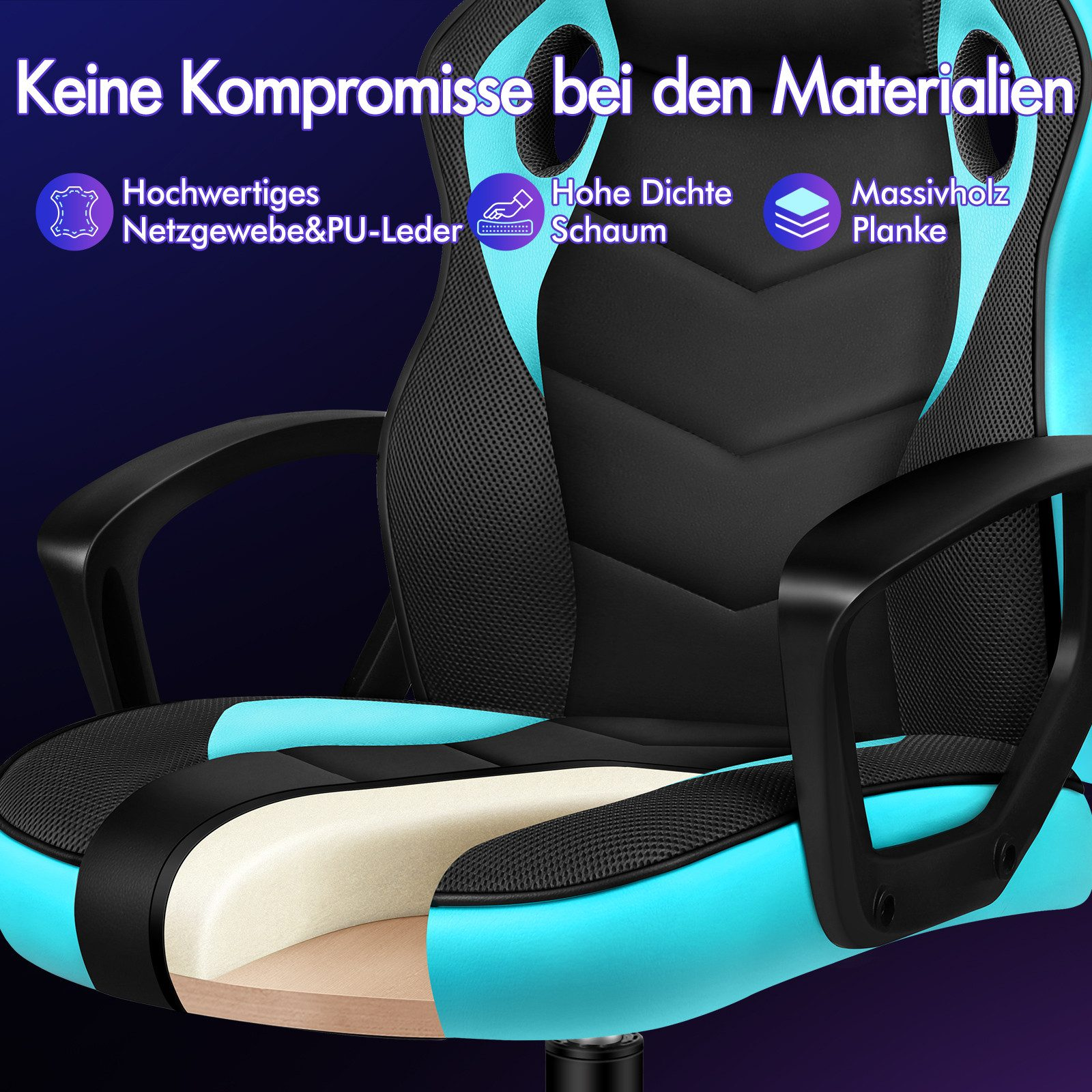 Detail des Gaming-Stuhls. Schwarz-Türkis, aus Stoff und Leder. Hochdichter Schaumstoff und Holzplatte.