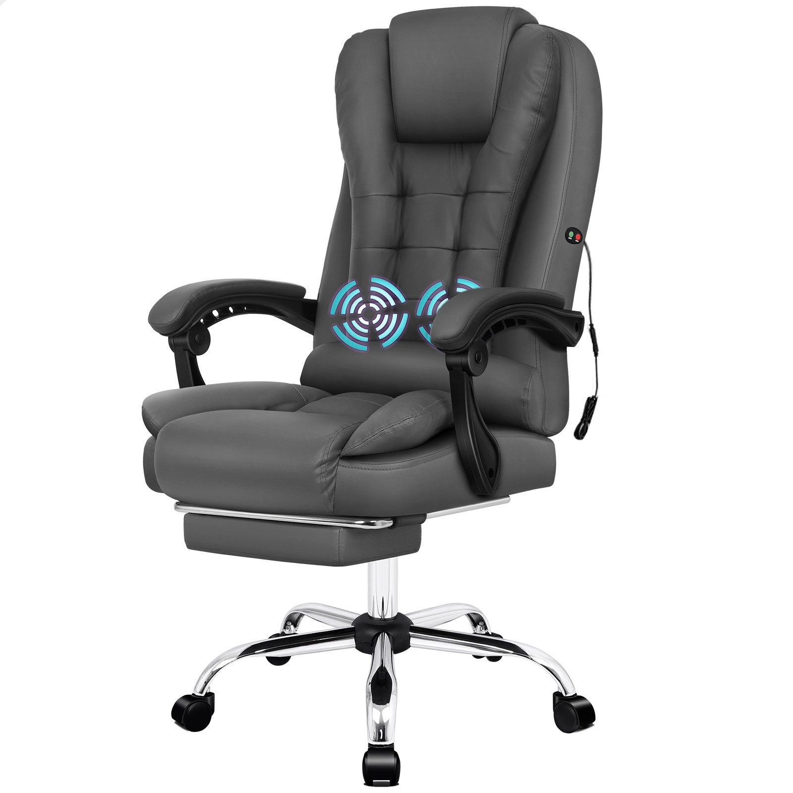 Ein grauer ergonomischer Bürostuhl mit Kopfstütze, Armlehnen und Fußstütze. Er hat ein Chromgestell und Rollen.