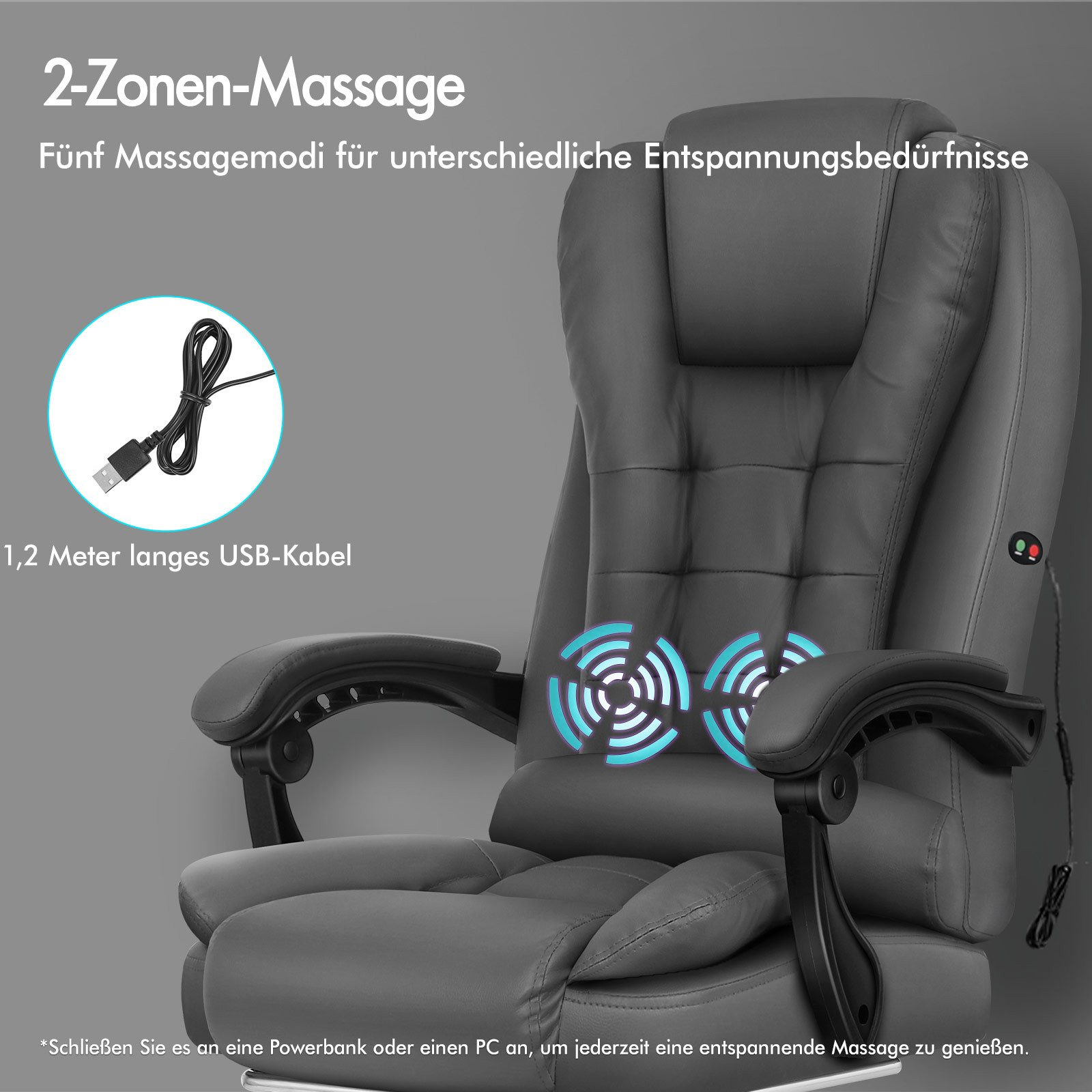 Grauer Massagestuhl mit USB-Kabel, zeigt Massagezonen. Text beschreibt Modi und Benutzerfreundlichkeit.
