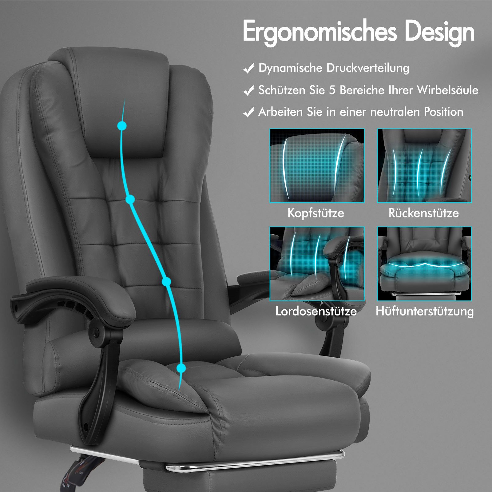 Ein ergonomischer grauer Bürostuhl mit Kopfstütze, Rückenlehne, Armlehnen und Lendenwirbelstütze. Merkmale sind dynamische Druckverteilung.