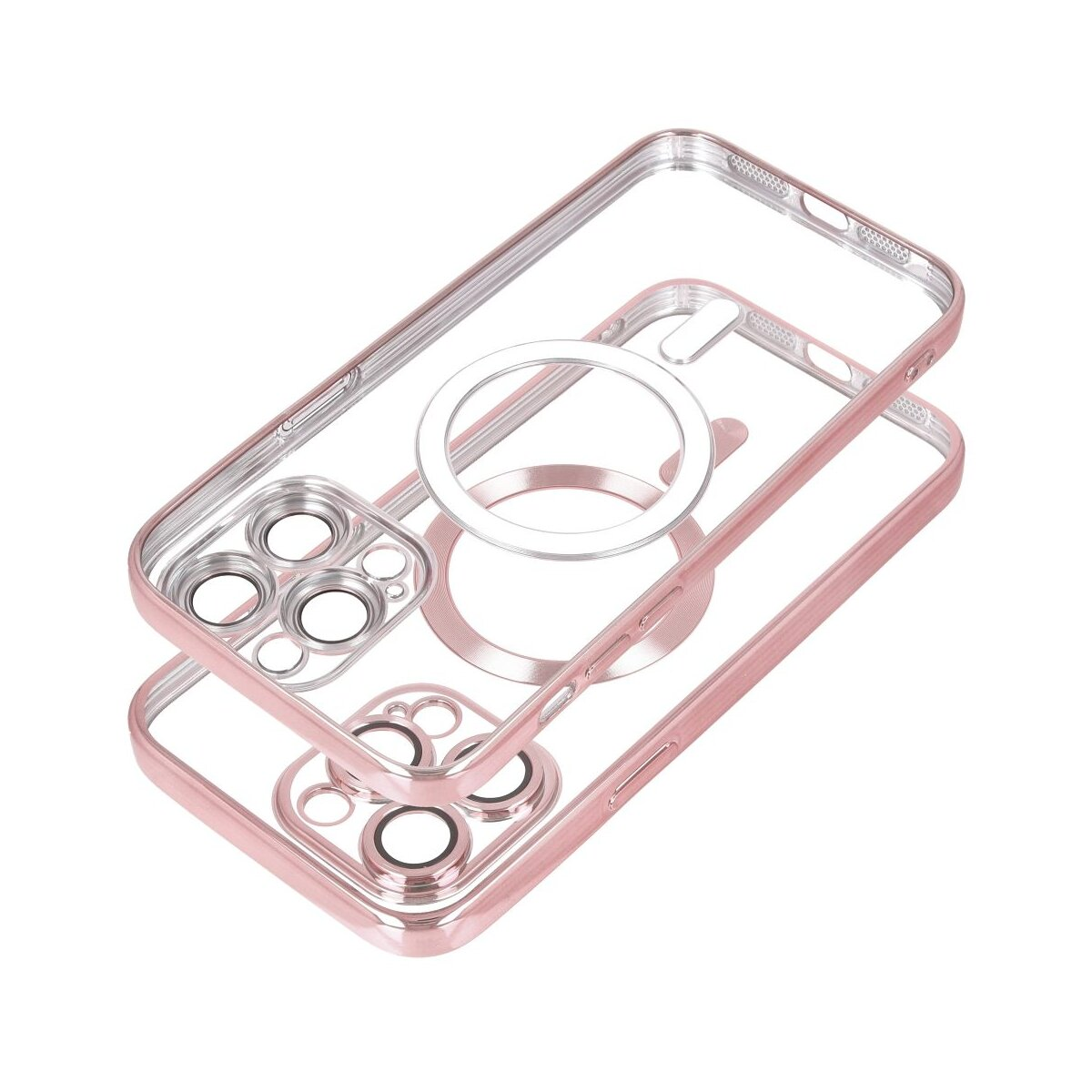 Transparente Handyhülle mit roségoldenen Rändern. Zwei Hüllen überlappen sich, mit einem weißen Magnetring in der Mitte. Weißer Hintergrund.