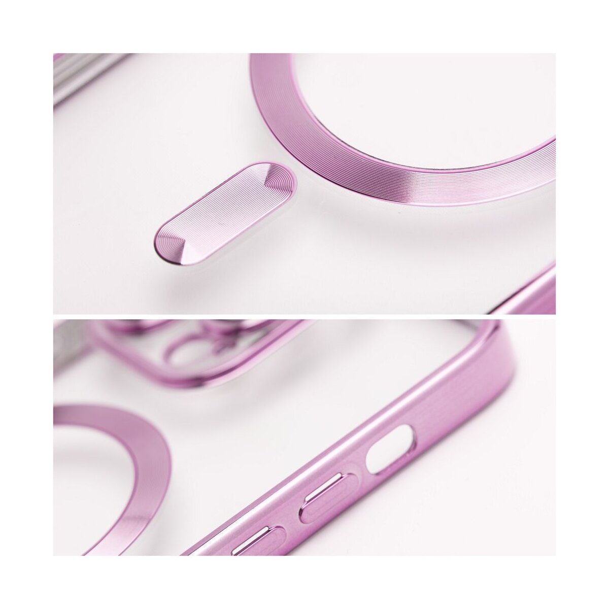 Nahaufnahme einer pinkfarbenen Handyhülle. Details umfassen einen kreisförmigen Magnetring, einen rechteckigen Knopf und Seitentasten. Alles auf weißem Hintergrund.