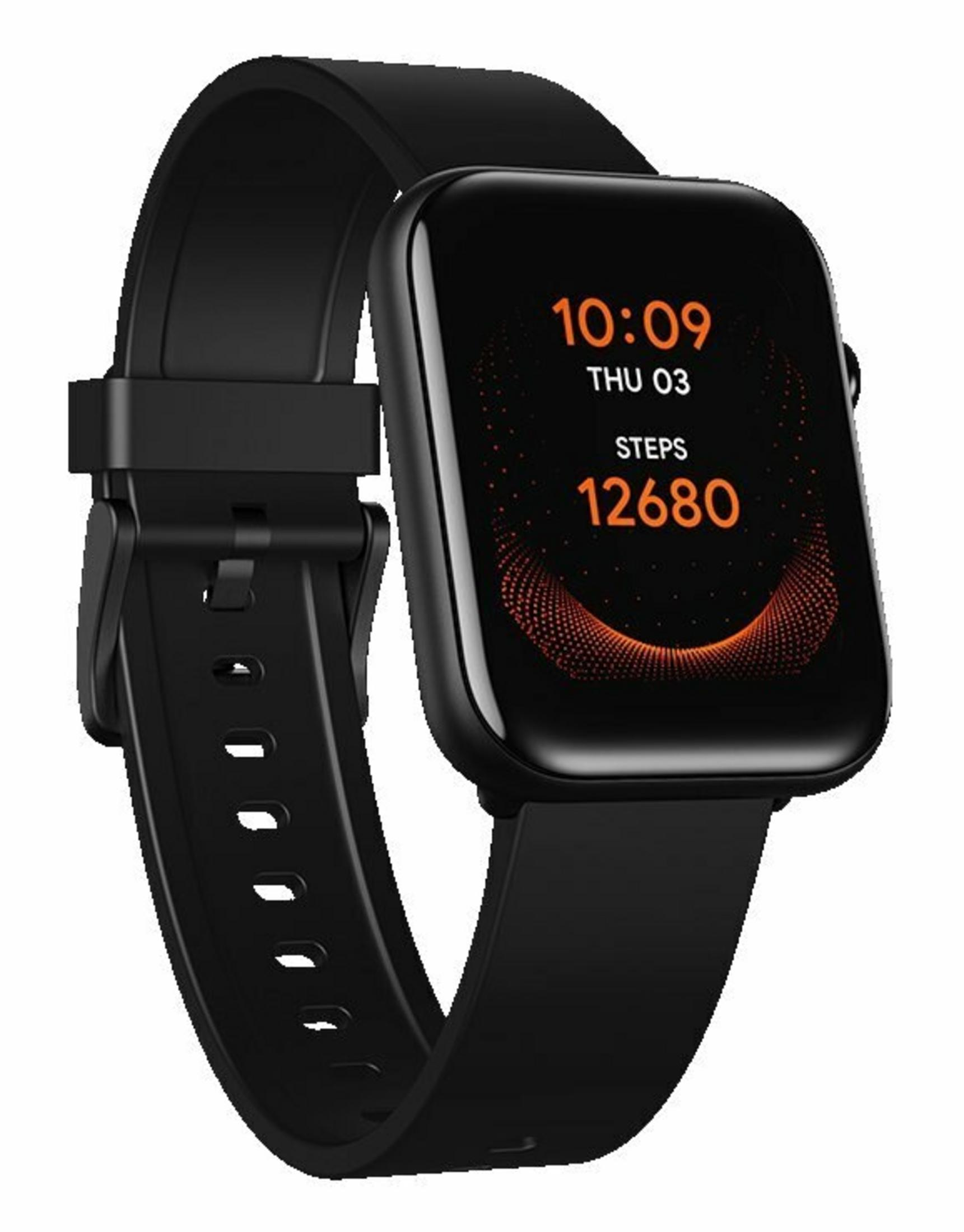 Reloj inteligente negro que muestra la hora, la fecha y el recuento de pasos. El reloj tiene una correa negra y una pantalla rectangular.