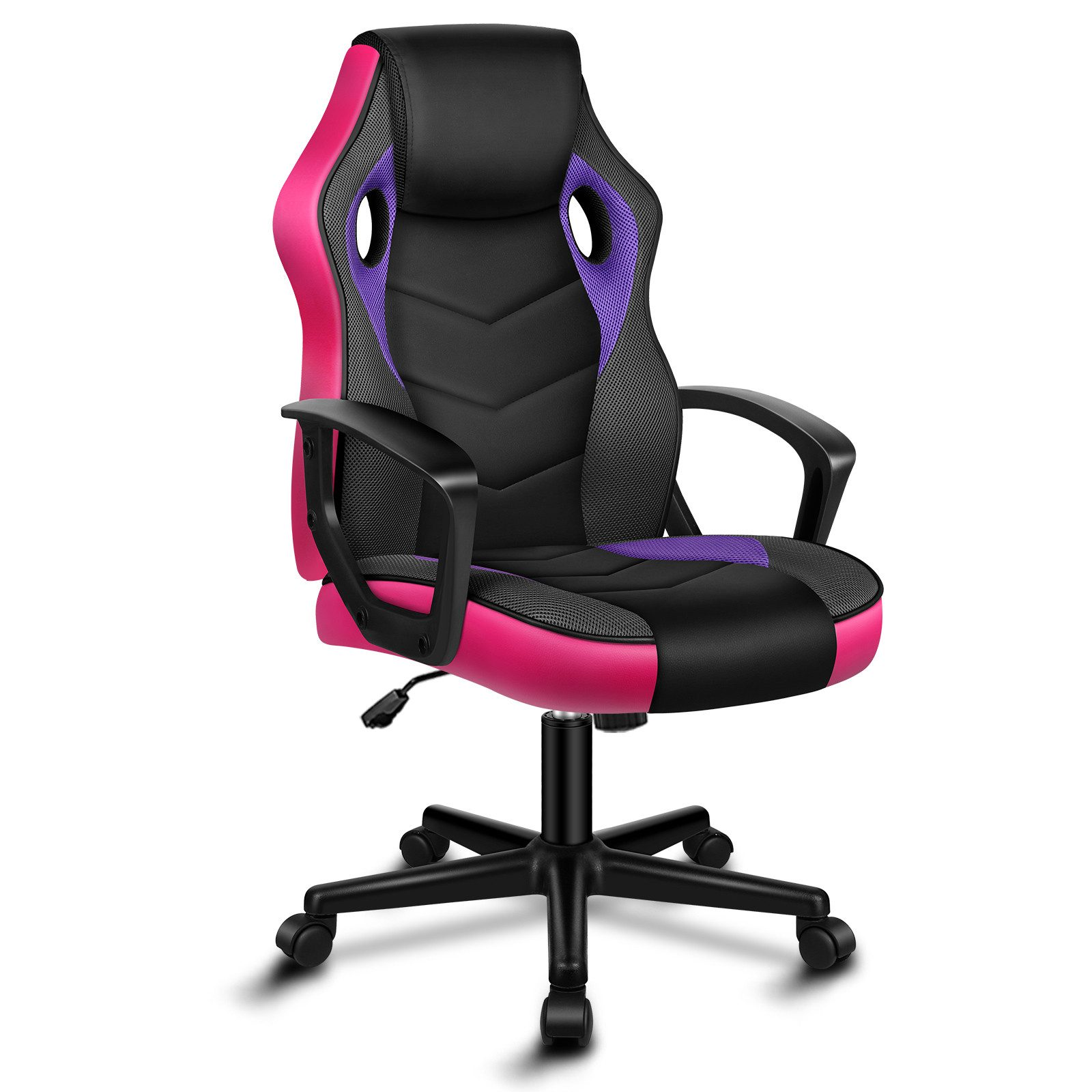 Ein pinkfarbener, schwarzer und lila Gaming-Stuhl mit schwarzem Gestell und Armlehnen, vor weißem Hintergrund.