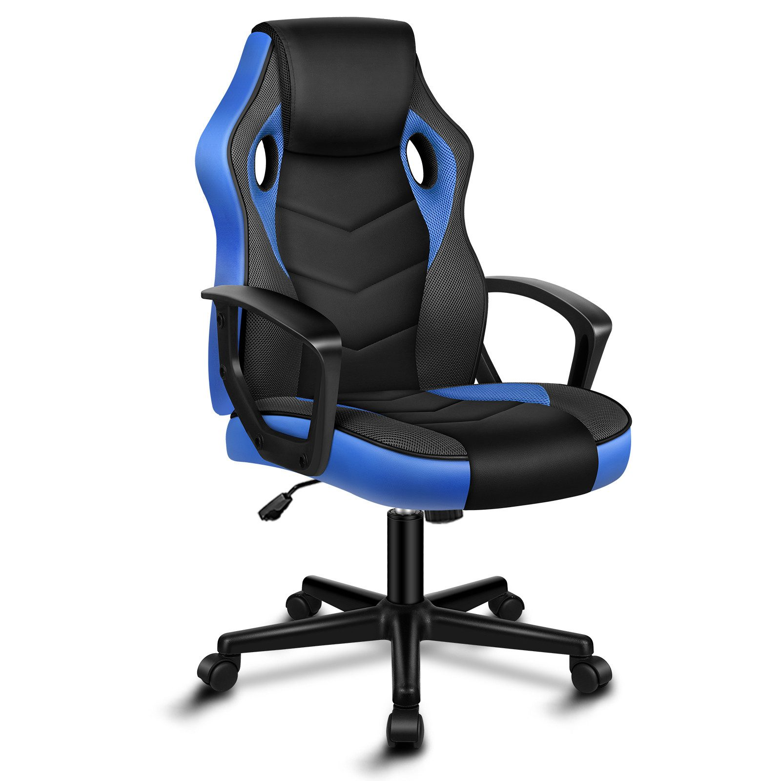Ein blau-schwarzer Gaming-Stuhl auf weißem Hintergrund. Er hat eine hohe Rückenlehne, Armlehnen und ein Fünf-Rad-Gestell.