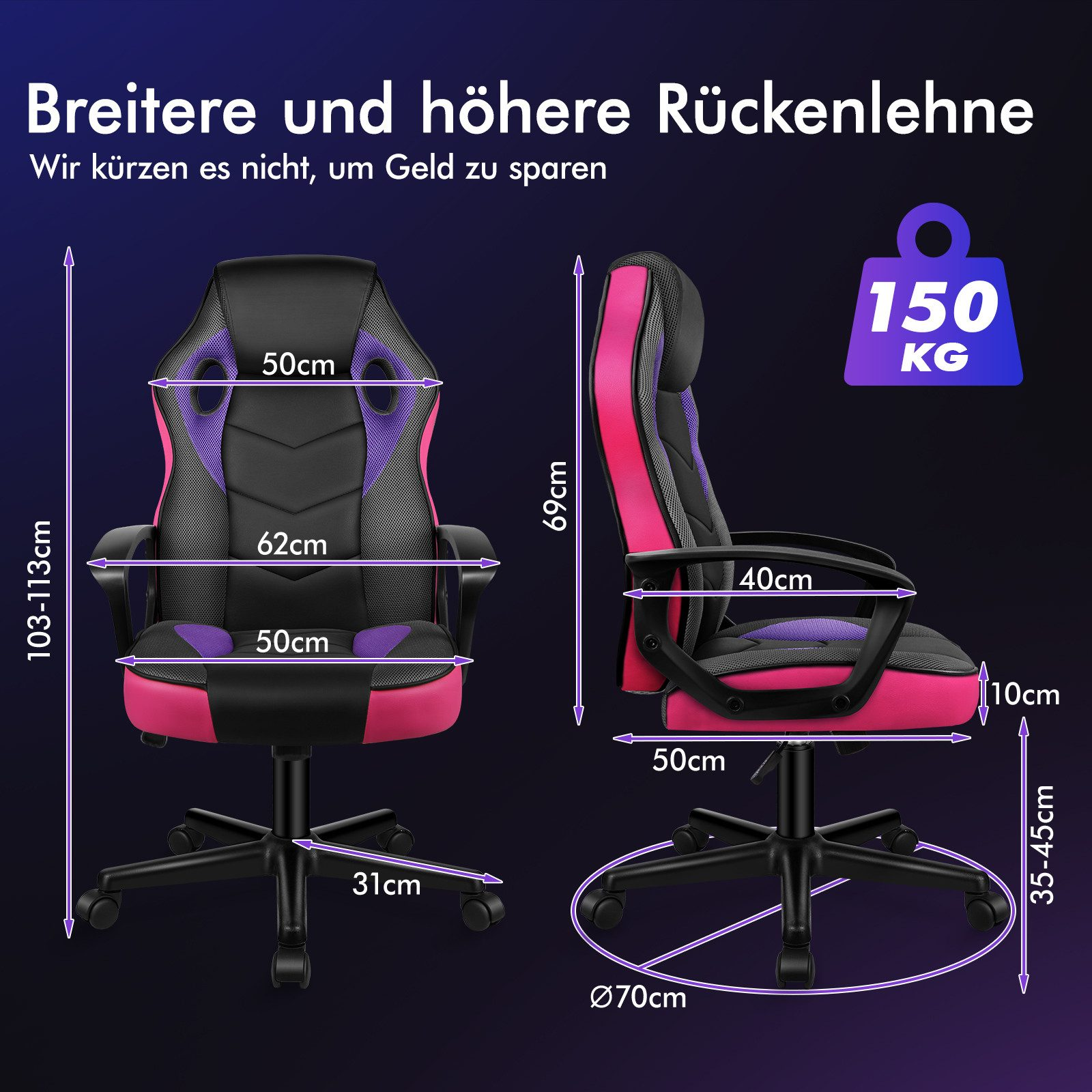 Ein Gaming-Stuhl mit rosa und schwarzen Farben. Abmessungen sind angegeben. Er trägt bis zu 150 kg.