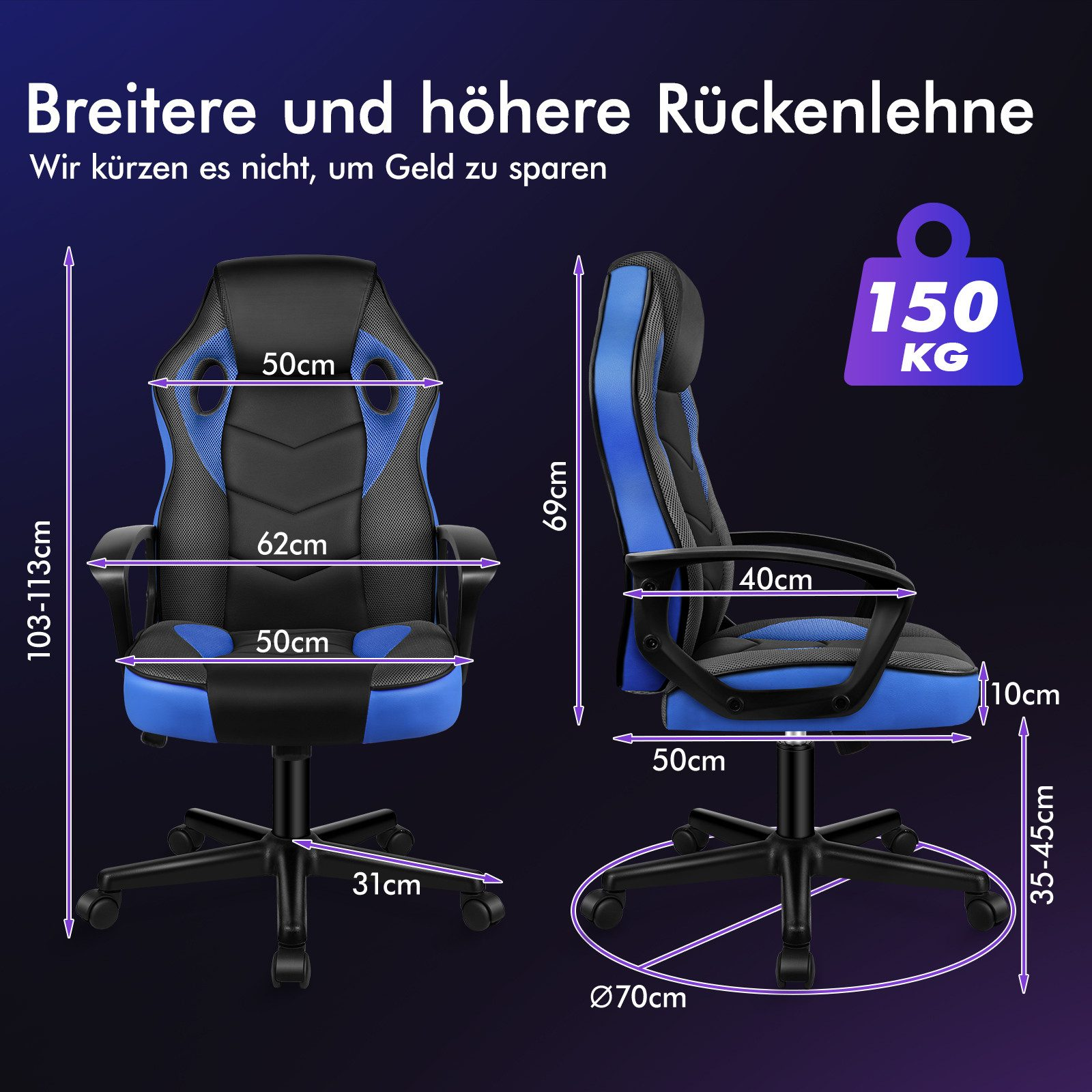 Ein Gaming-Stuhl mit schwarzen und blauen Akzenten. Abmessungen sind angegeben, einschließlich Höhe, Breite und Tragfähigkeit von 150 kg.