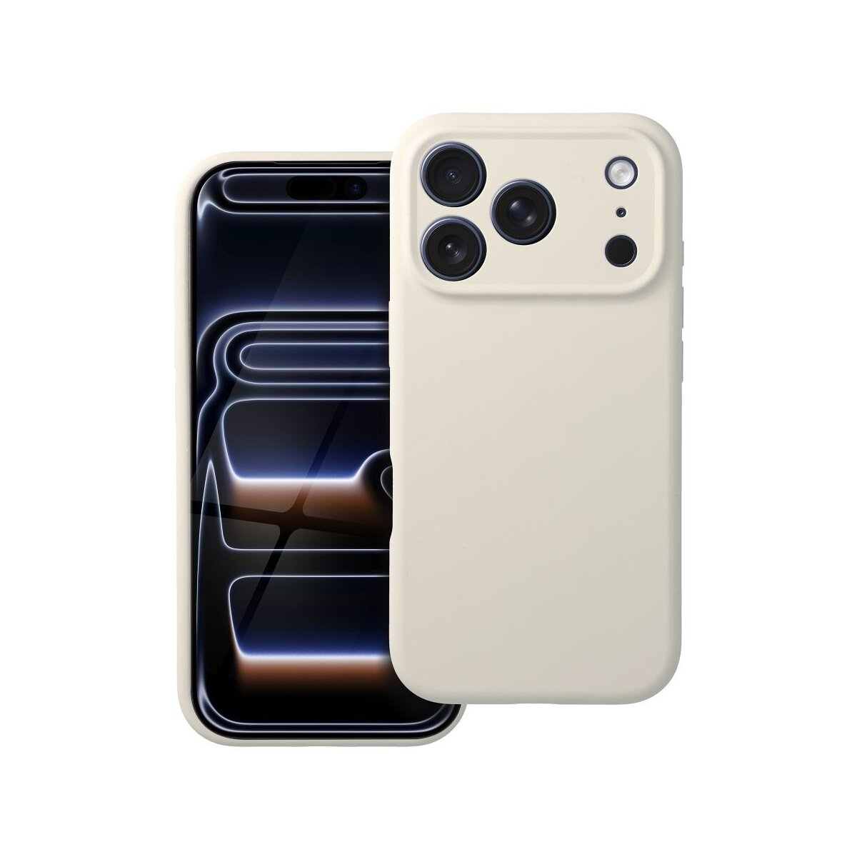 Ein Smartphone mit cremefarbenem Gehäuse liegt neben einem anderen Telefon, das seinen Bildschirm zeigt. Das Gehäuse hat mehrere Kameralinsen.