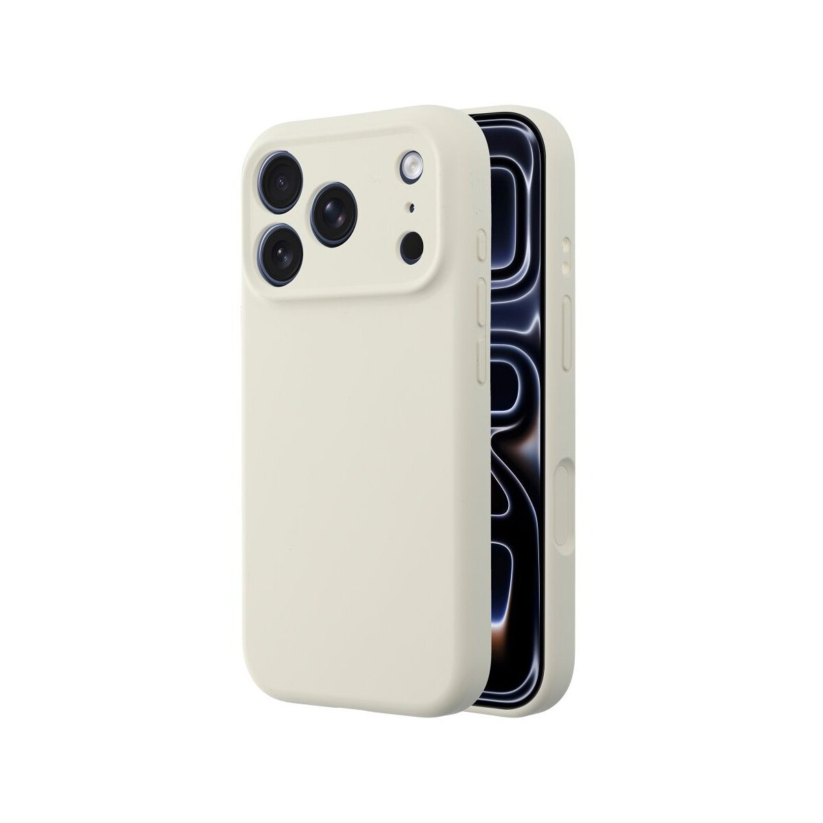 Eine cremefarbene Handyhülle mit einem Telefon darin. Die Hülle hat Kameraausschnitte. Der Telefonbildschirm ist rechts sichtbar.