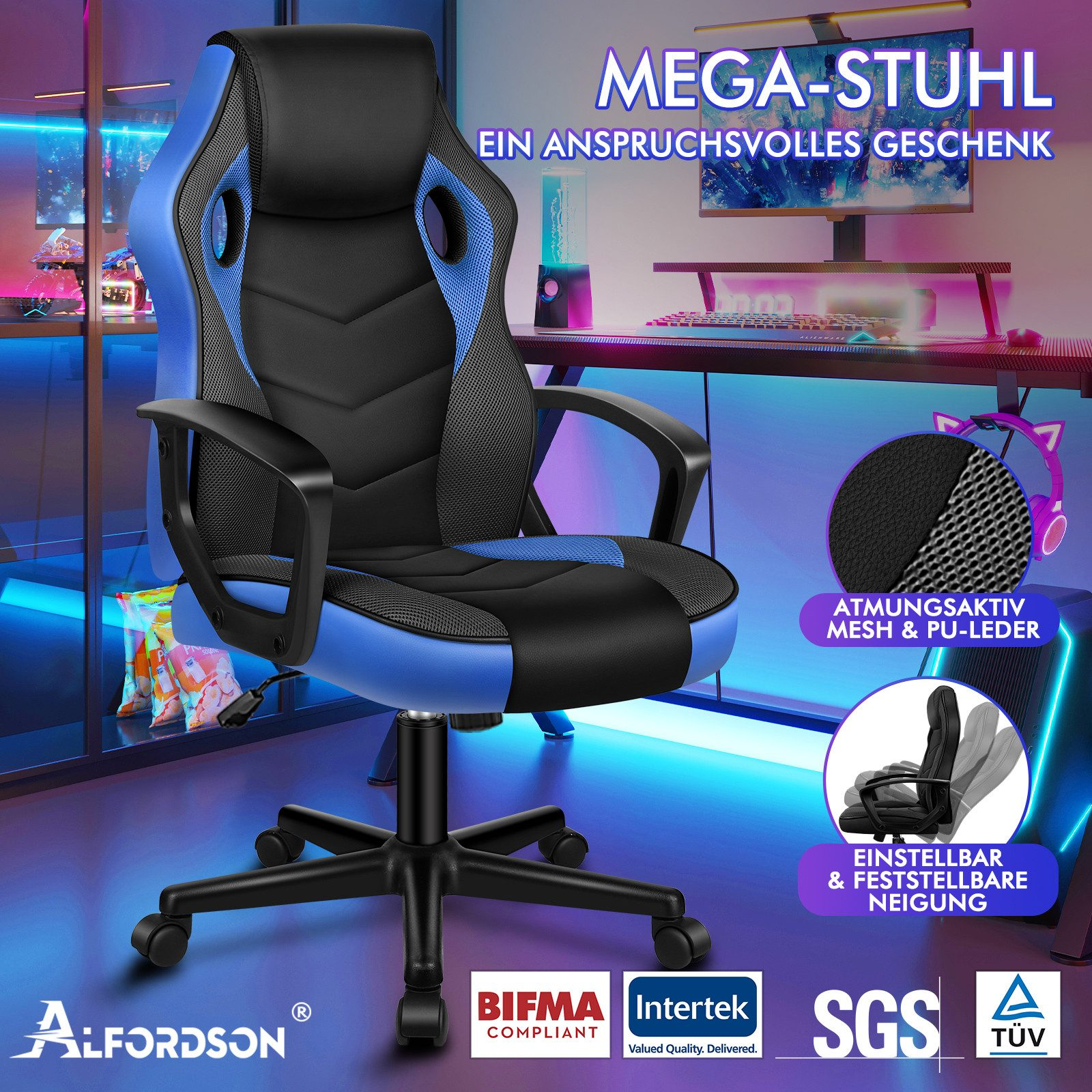 Ein blau-schwarzer Gaming-Stuhl wird gezeigt. Text auf Deutsch lautet Mega-Stuhl, und Details Mesh und PU-Leder.