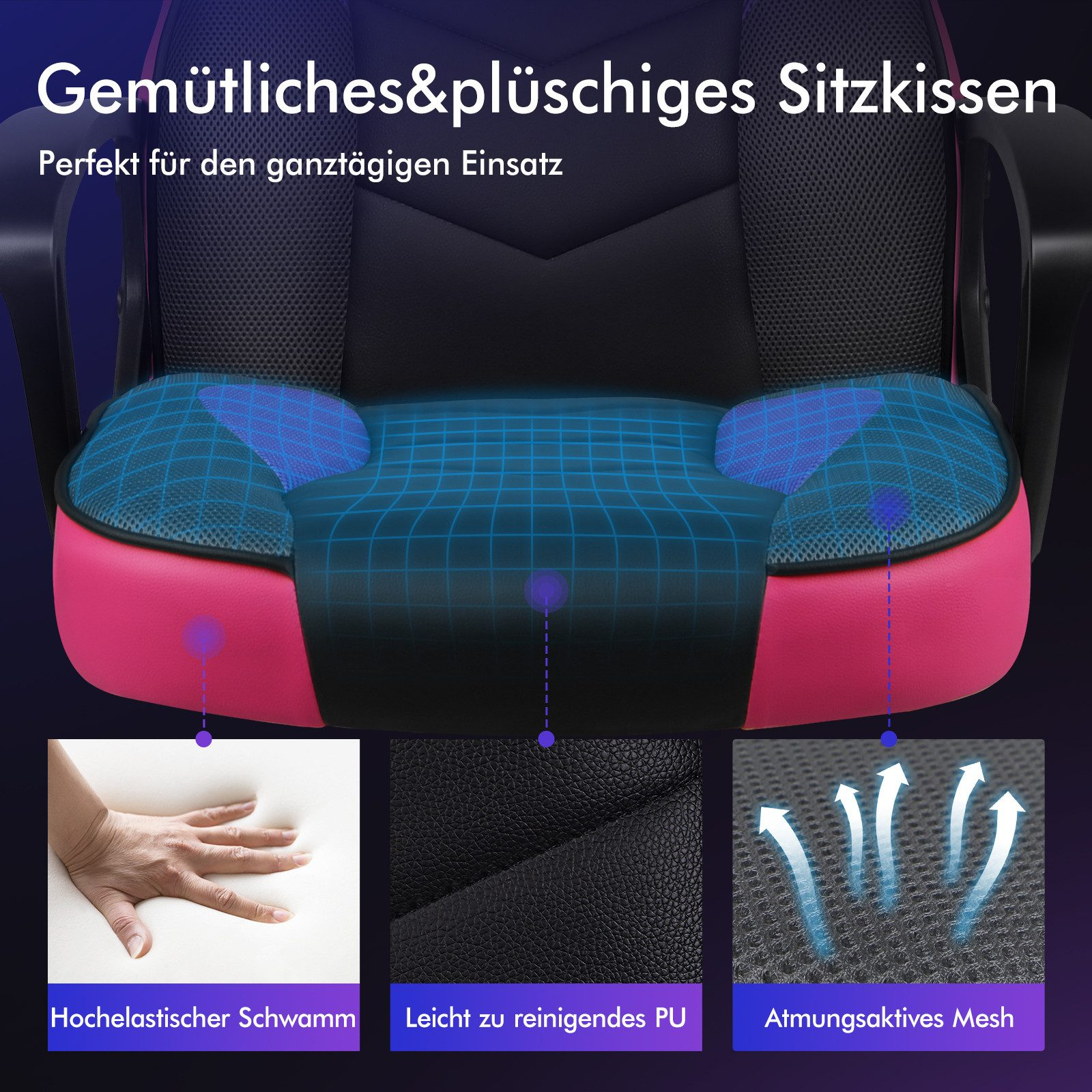 Ein ergonomischer Bürostuhl in Pink und Schwarz mit blauem Mesh-Sitz und Rückenlehne. Drei Detailbilder sind unten abgebildet.