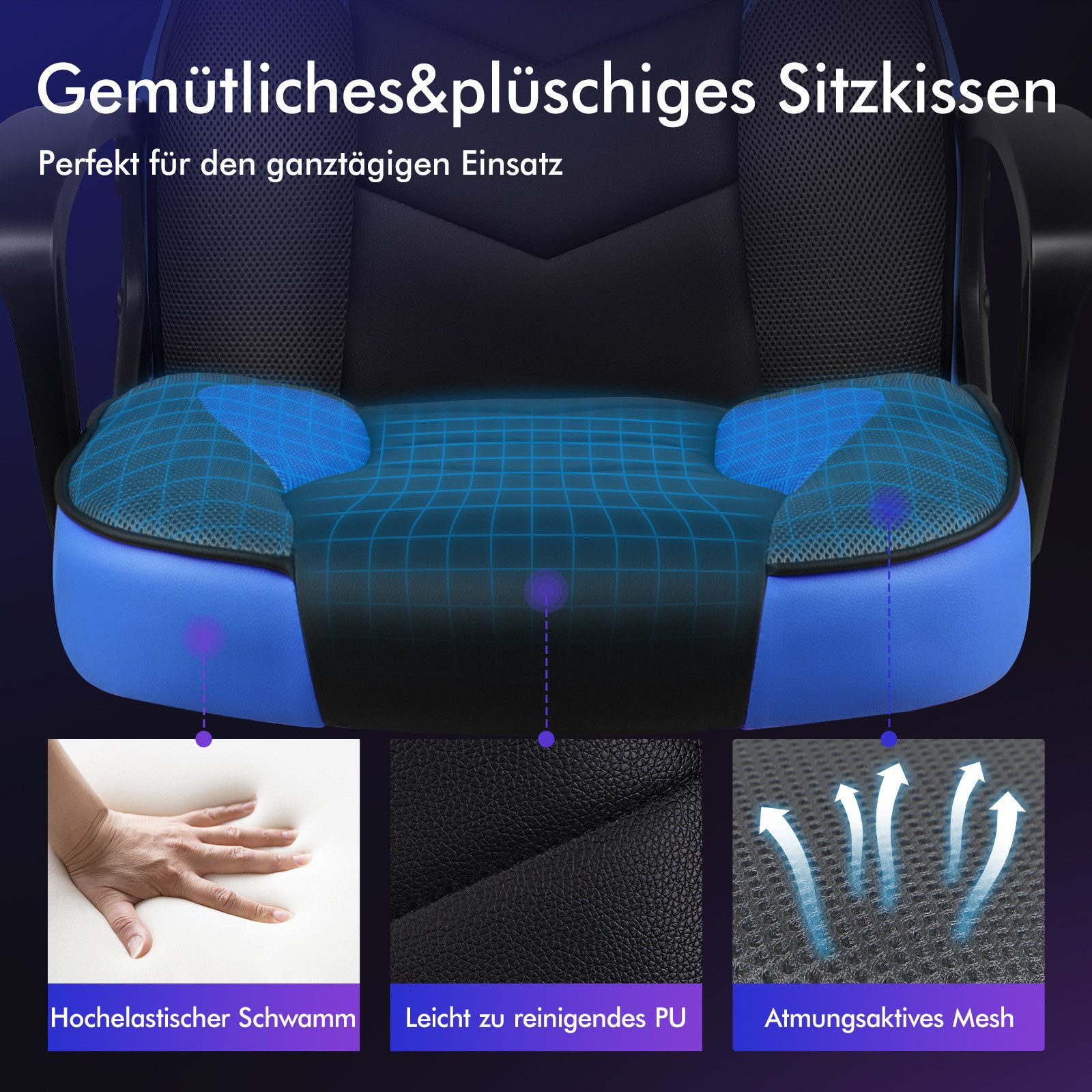 Ein Bürostuhlkissen mit blauen Akzenten. Zu den Merkmalen gehören atmungsaktives Mesh, hochelastischer Schwamm und leicht zu reinigendes PU-Material.