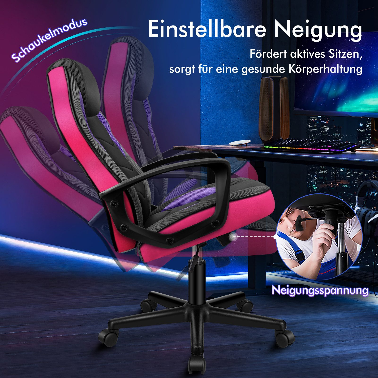 Gaming-Stuhl mit verstellbarem rosa und schwarzem Sitz. Das Bild zeigt den Stuhl und eine Person im Hintergrund.