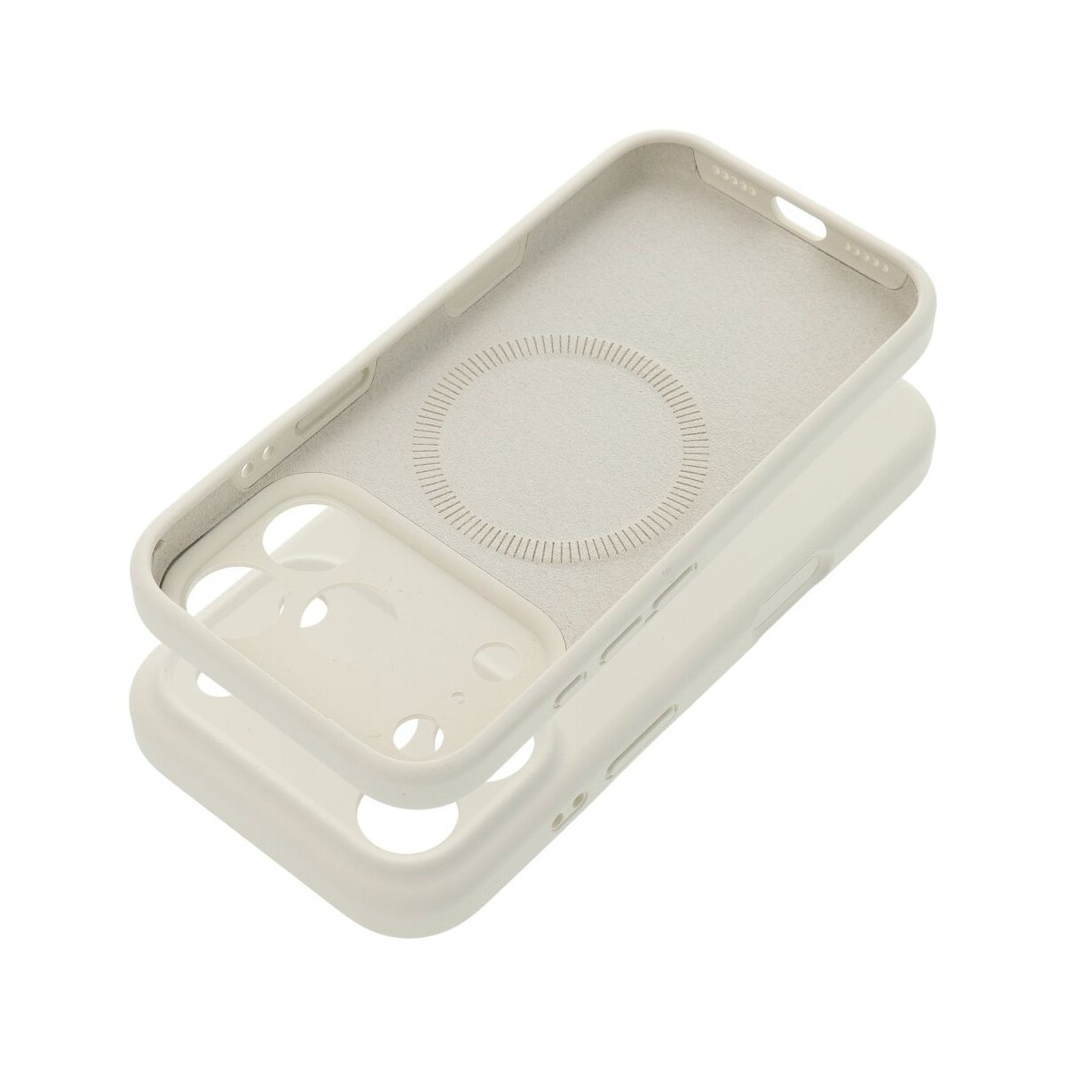 Zweiteilige, cremefarbene Handyhülle, ein Teil befindet sich im anderen. Der Innenteil hat ein kreisförmiges Design. Die Teile sind leicht getrennt.