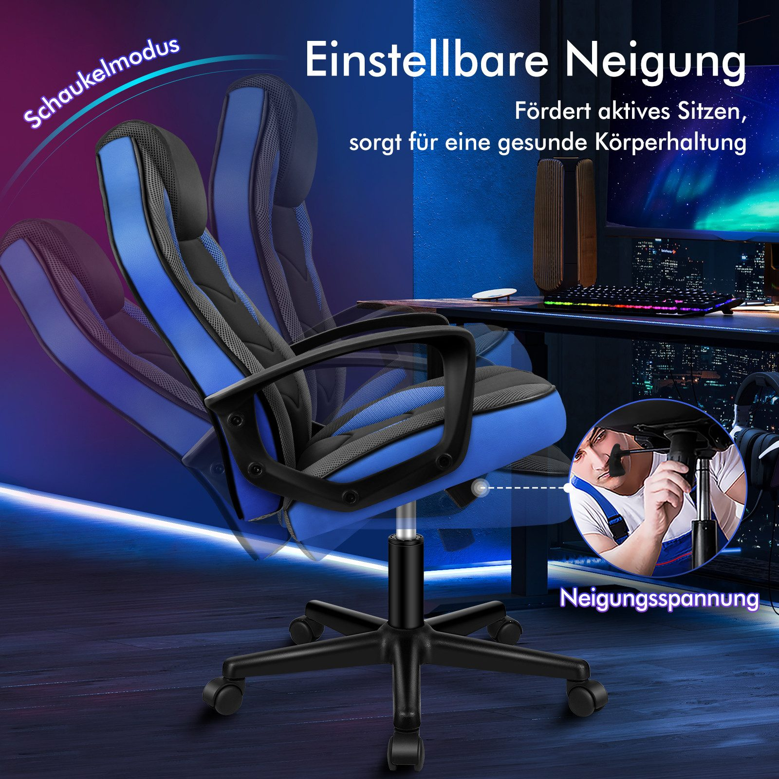 Ein blauer und schwarzer ergonomischer Stuhl mit verstellbarer Neigung. Eine Person stellt den Neigungsmechanismus ein.