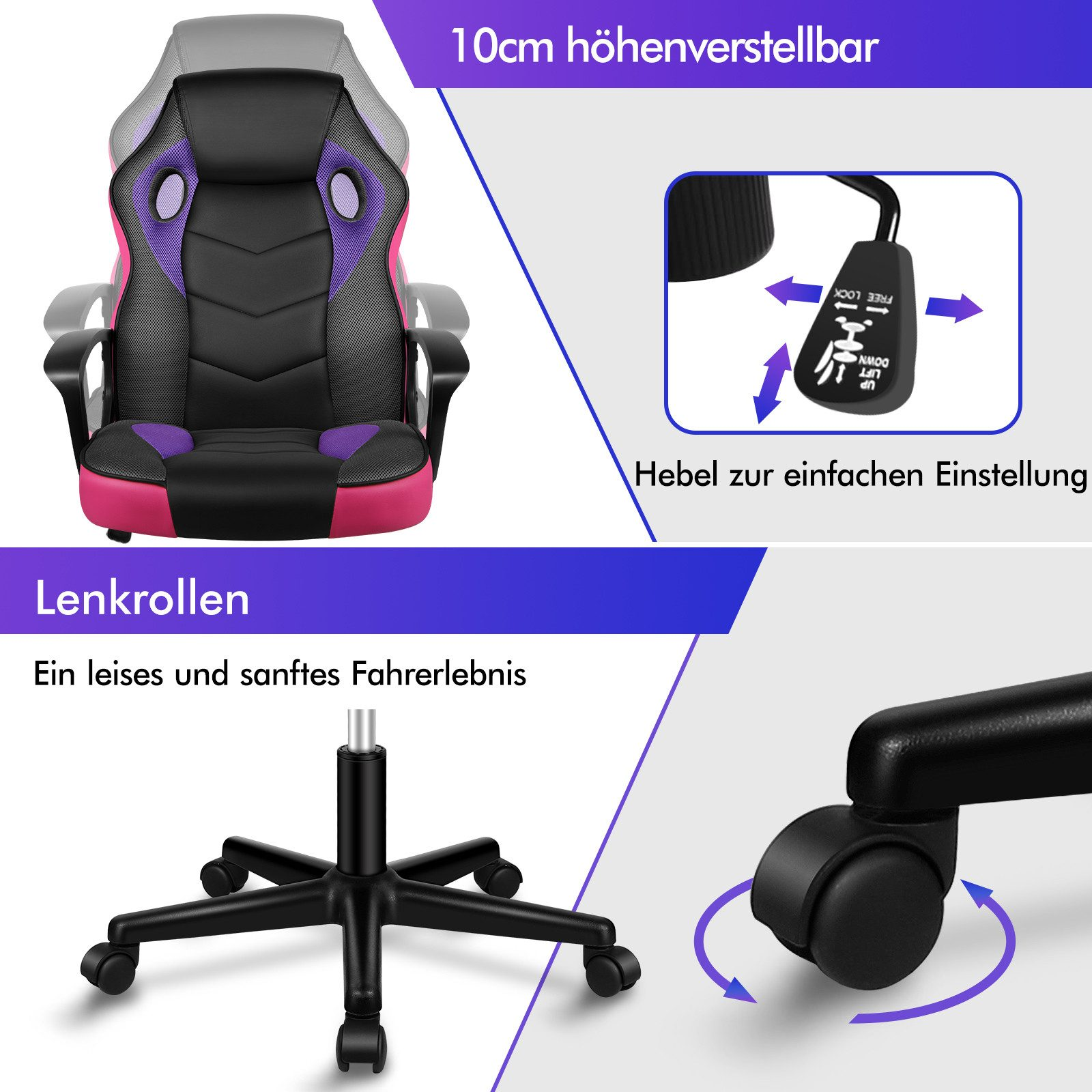 Gaming-Stuhl mit schwarzen, rosa und lila Akzenten, mit höhenverstellbaren und Rad-Details.