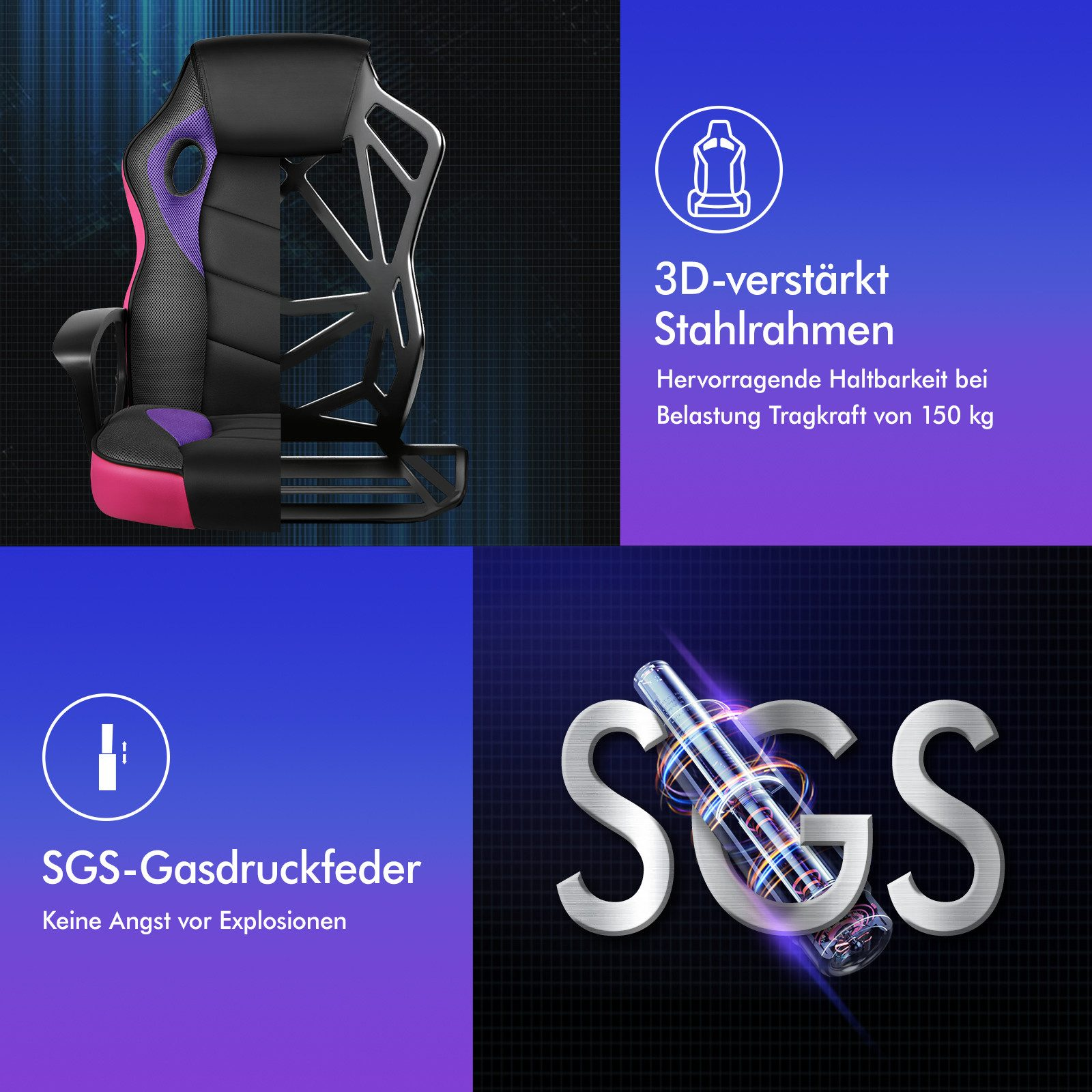 Gaming-Stuhl mit schwarzen, rosa und lila Abschnitten. Merkmale sind Stahlrahmen, SGS-Gasfeder und SGS-Logo.