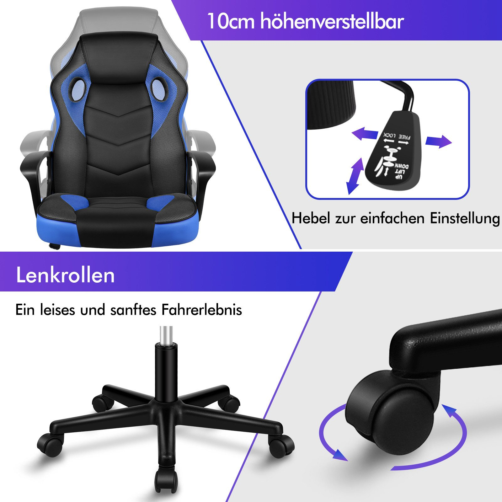 Gaming-Stuhl mit schwarzen und blauen Akzenten. Funktionen umfassen Höhenverstellung, Hebel und leichtgängige Rollen.