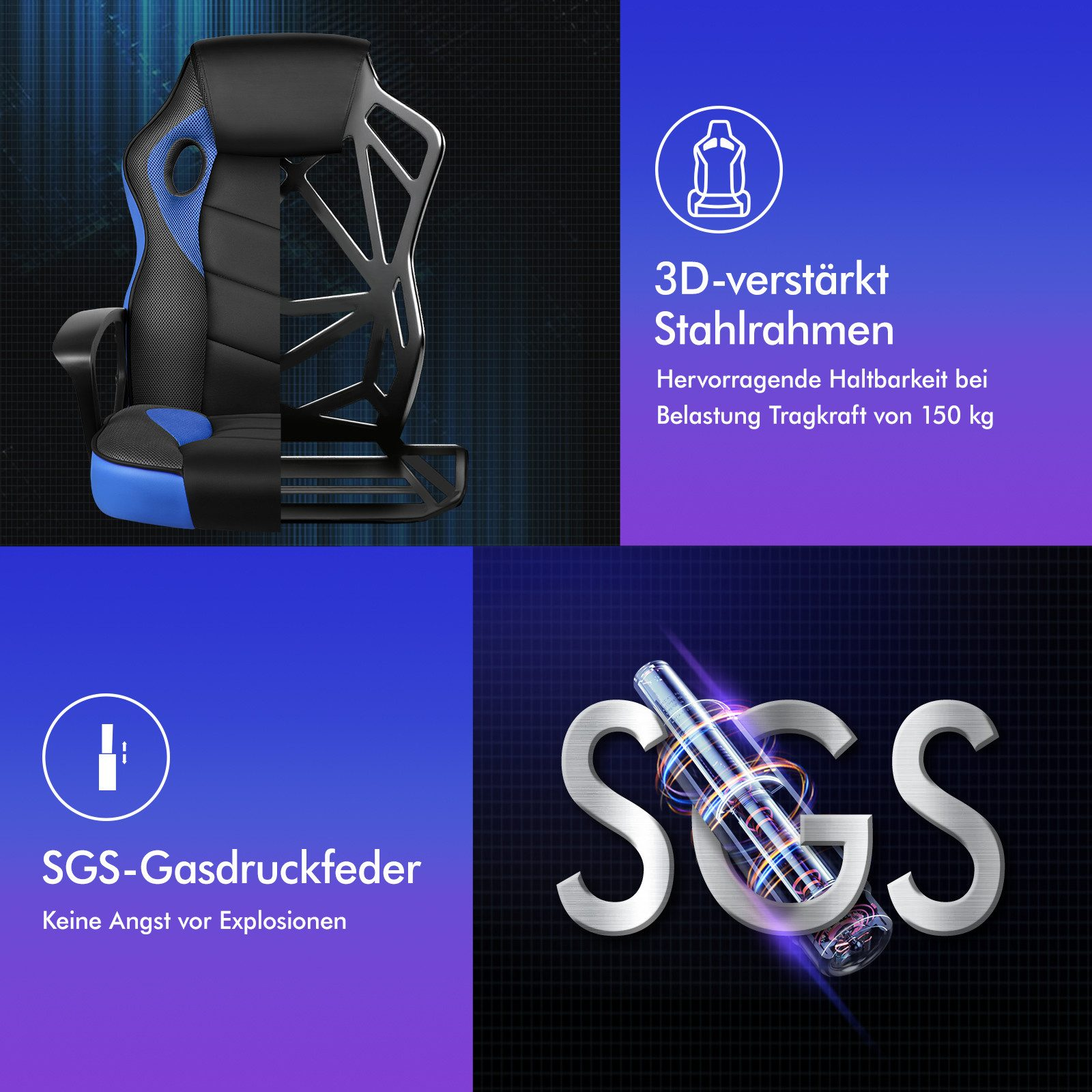 Gaming-Stuhl mit blauen und schwarzen Elementen. Merkmale sind Stahlrahmen und SGS-Gasfeder. Der Hintergrund ist dunkel mit Rasterlinien.