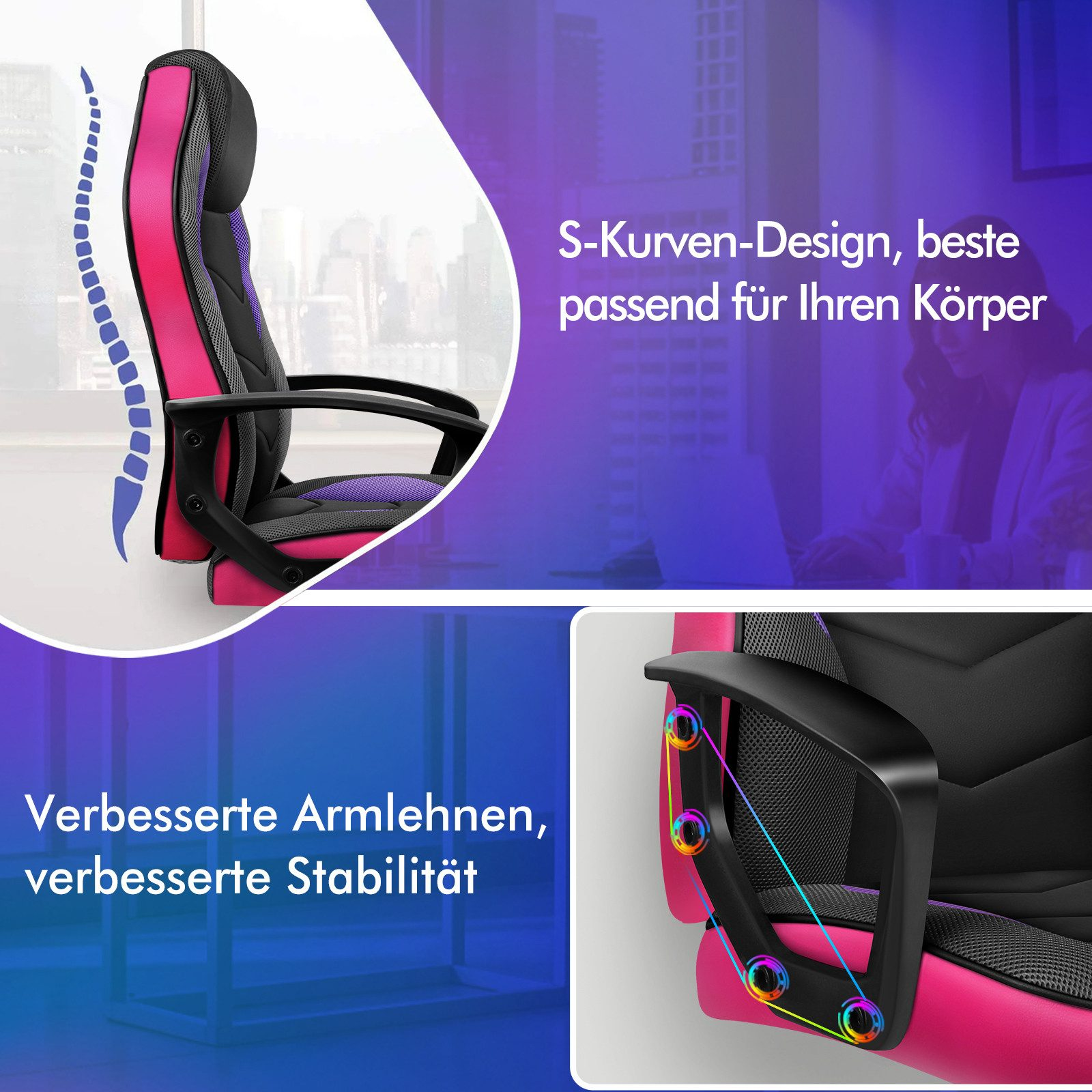 Ein rosafarbener und schwarzer Gaming-Stuhl wird mit Fokus auf sein ergonomisches Design und seine Armlehnen gezeigt.