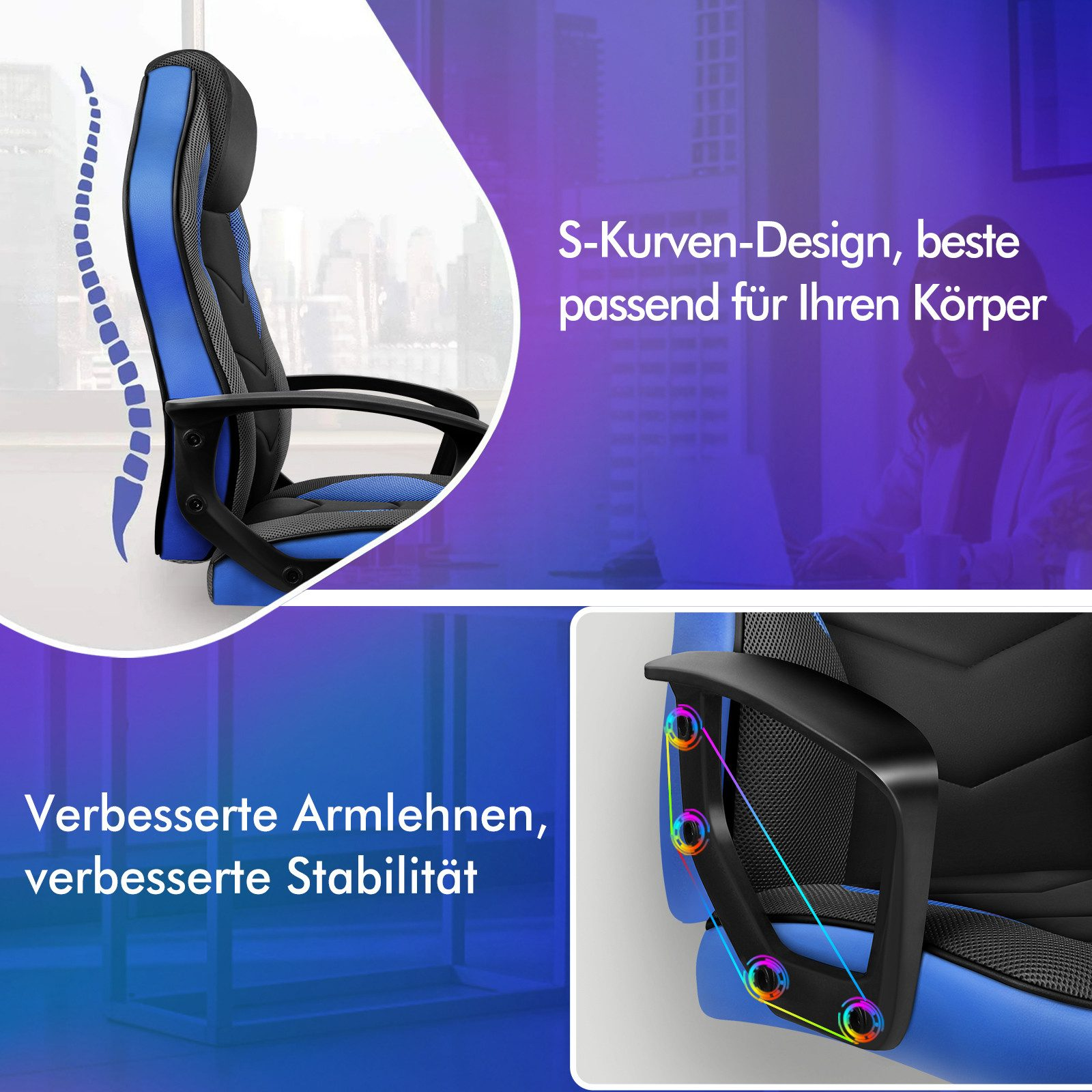 Blau-schwarzer ergonomischer Bürostuhl. Text beinhaltet 'Verbesserte Armlehnen, Stabilität' und 'S-Kurven-Design'.