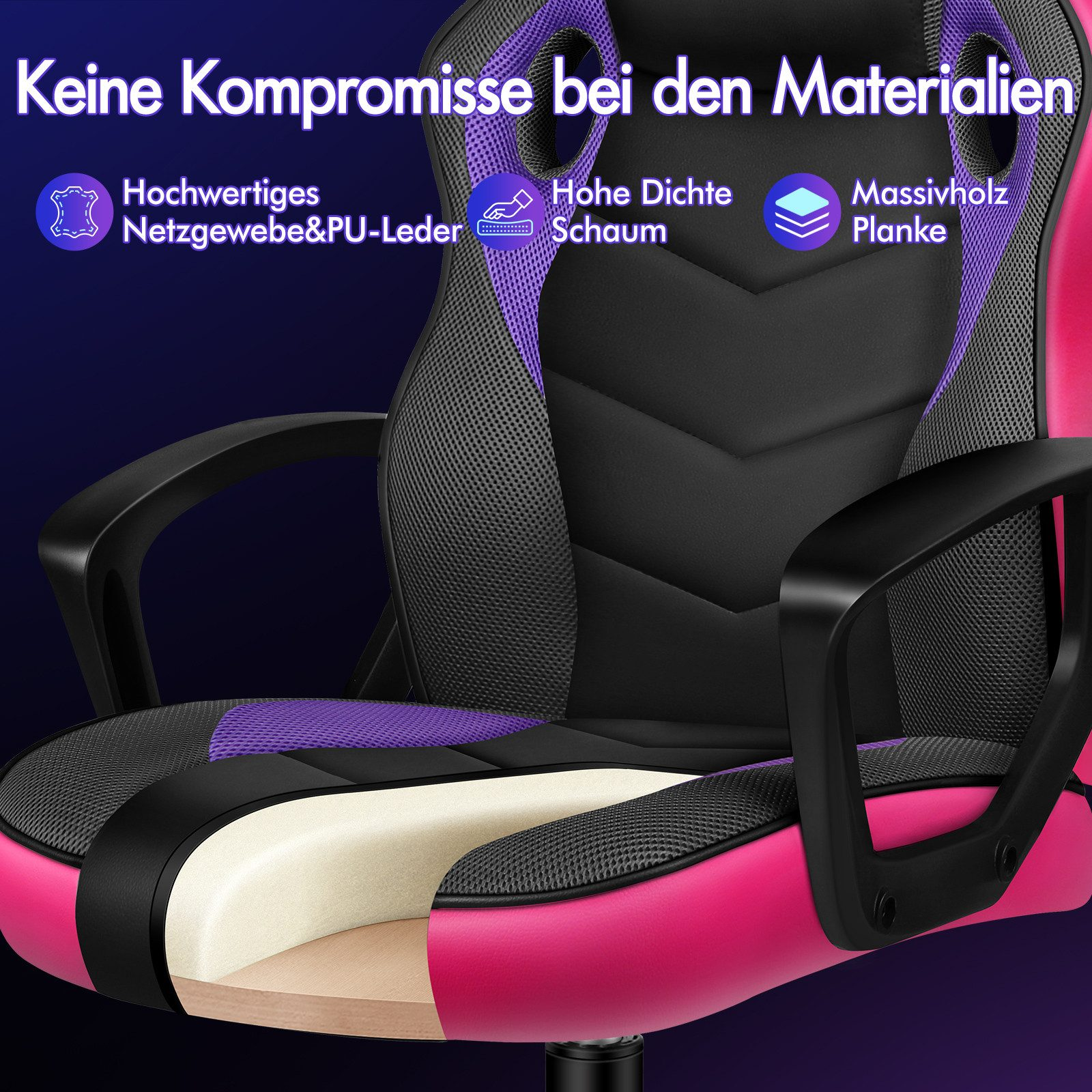 Detail eines Gaming-Stuhls. Schwarze Armlehnen, rosa und schwarzer Sitz mit lila Mesh. Text hebt Materialien hervor.