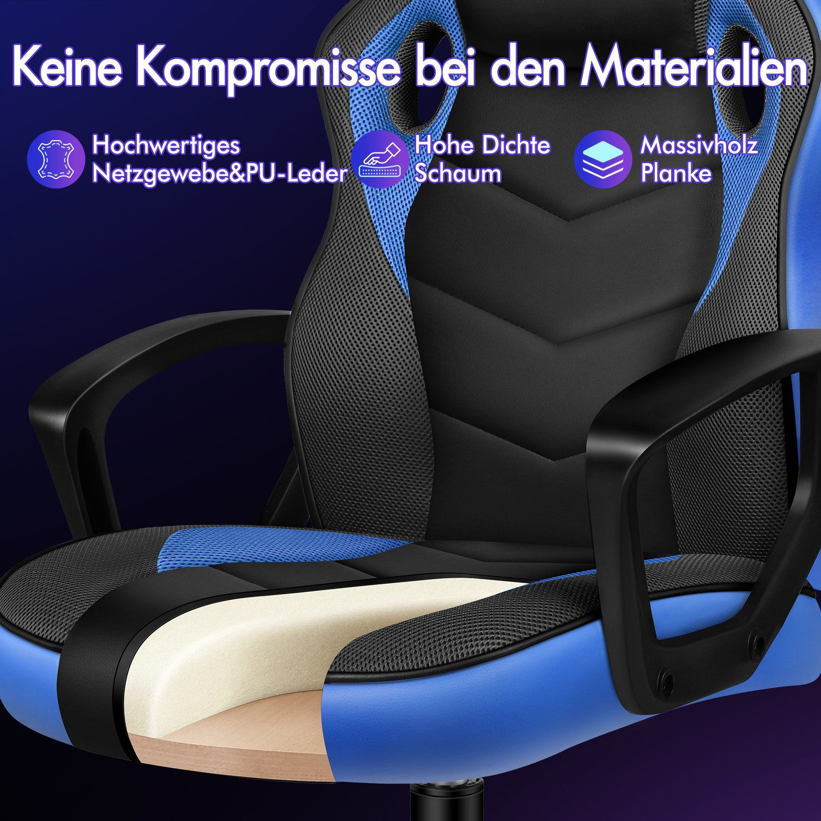 Detail des Gaming-Stuhls: blaue, schwarze und weiße Materialien. Zeigt Mesh, Schaumstoff und Holz. Text lautet: Hochwertiges Mesh & PU-Leder.
