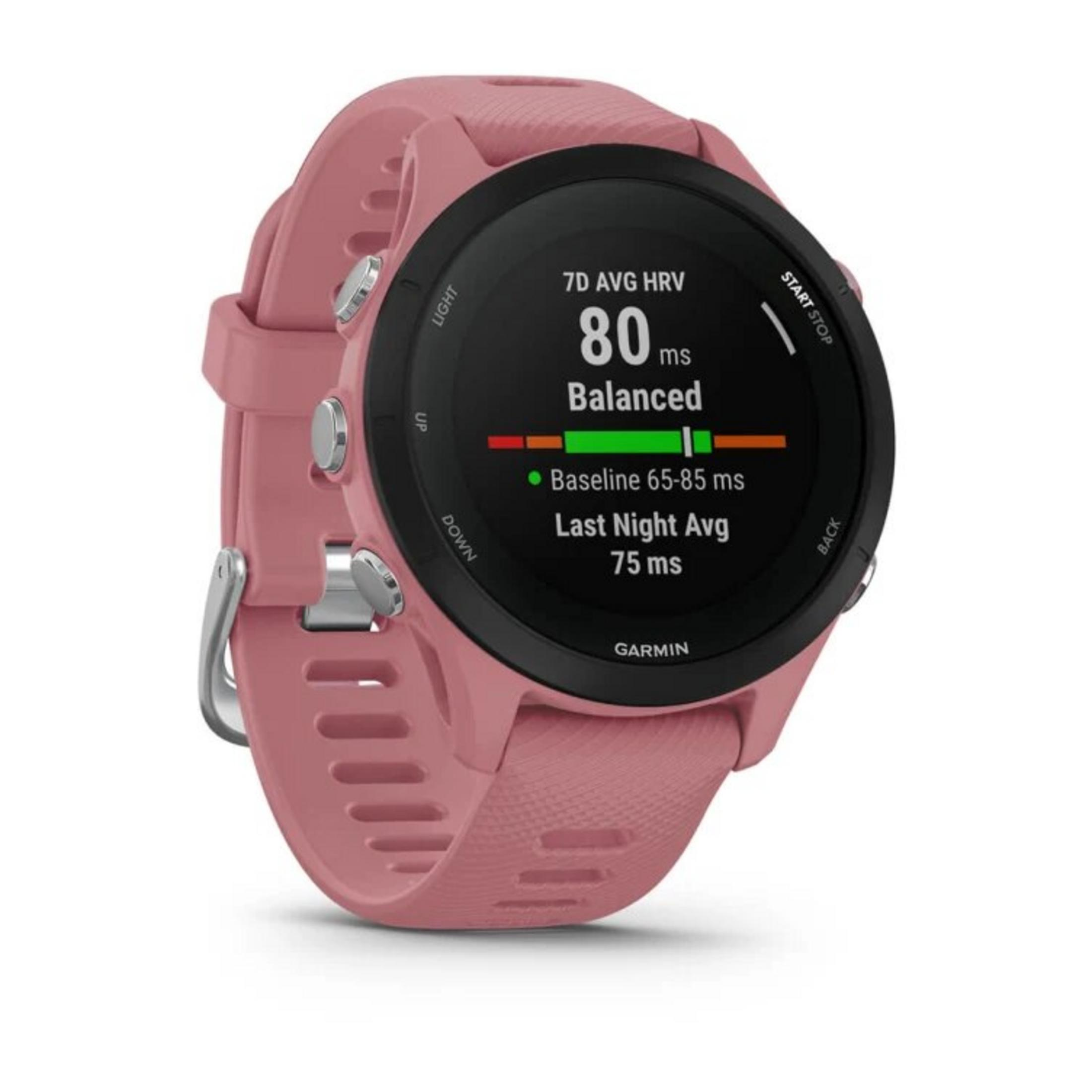 Eine rosa Garmin-Smartwatch zeigt Gesundheitsdaten an. Der Bildschirm zeigt 80ms, einen ausgeglichenen Status und andere Daten.
