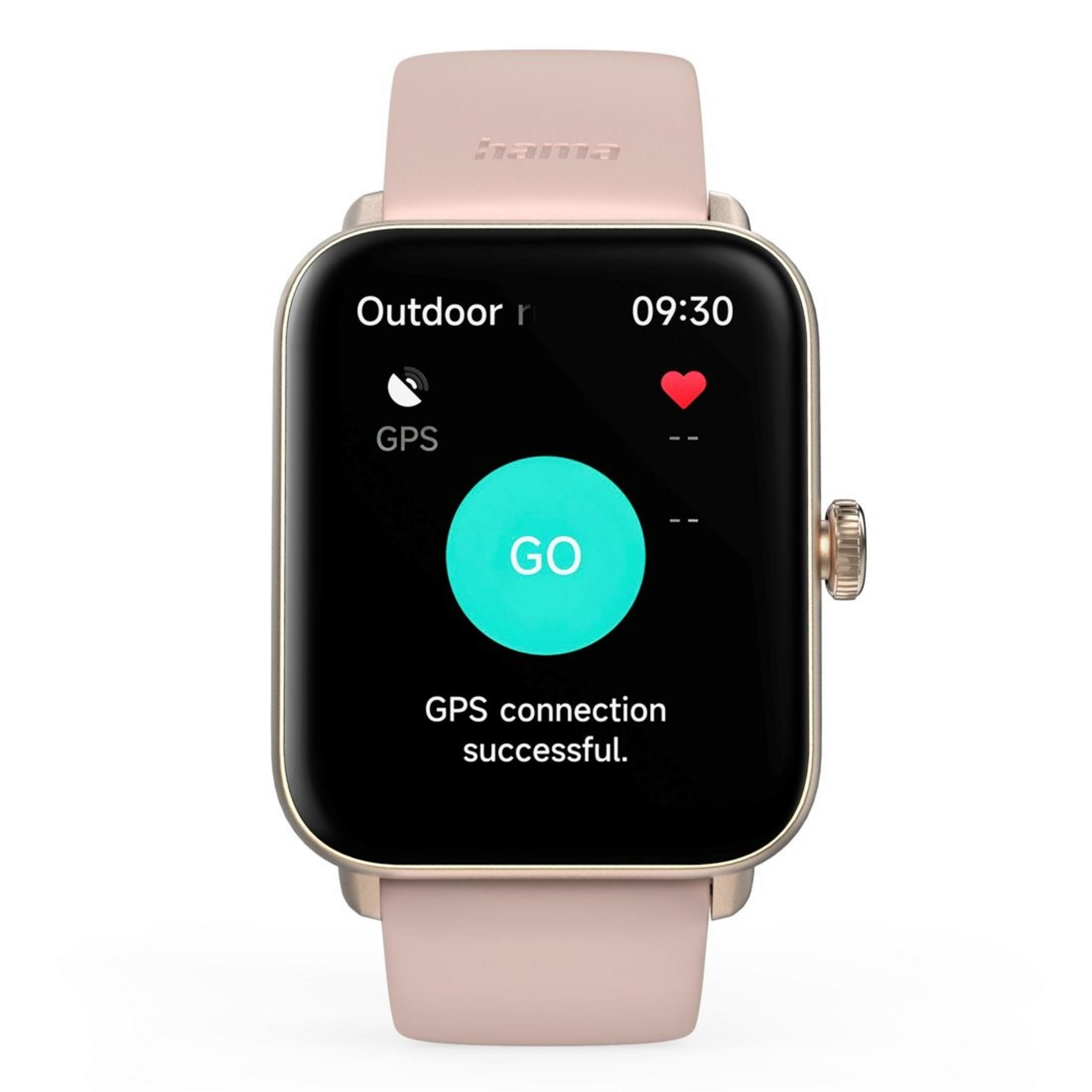 Reloj inteligente con pantalla negra que muestra 'GO' y 'Conexión GPS exitosa'. Correas rosas y caja dorada.