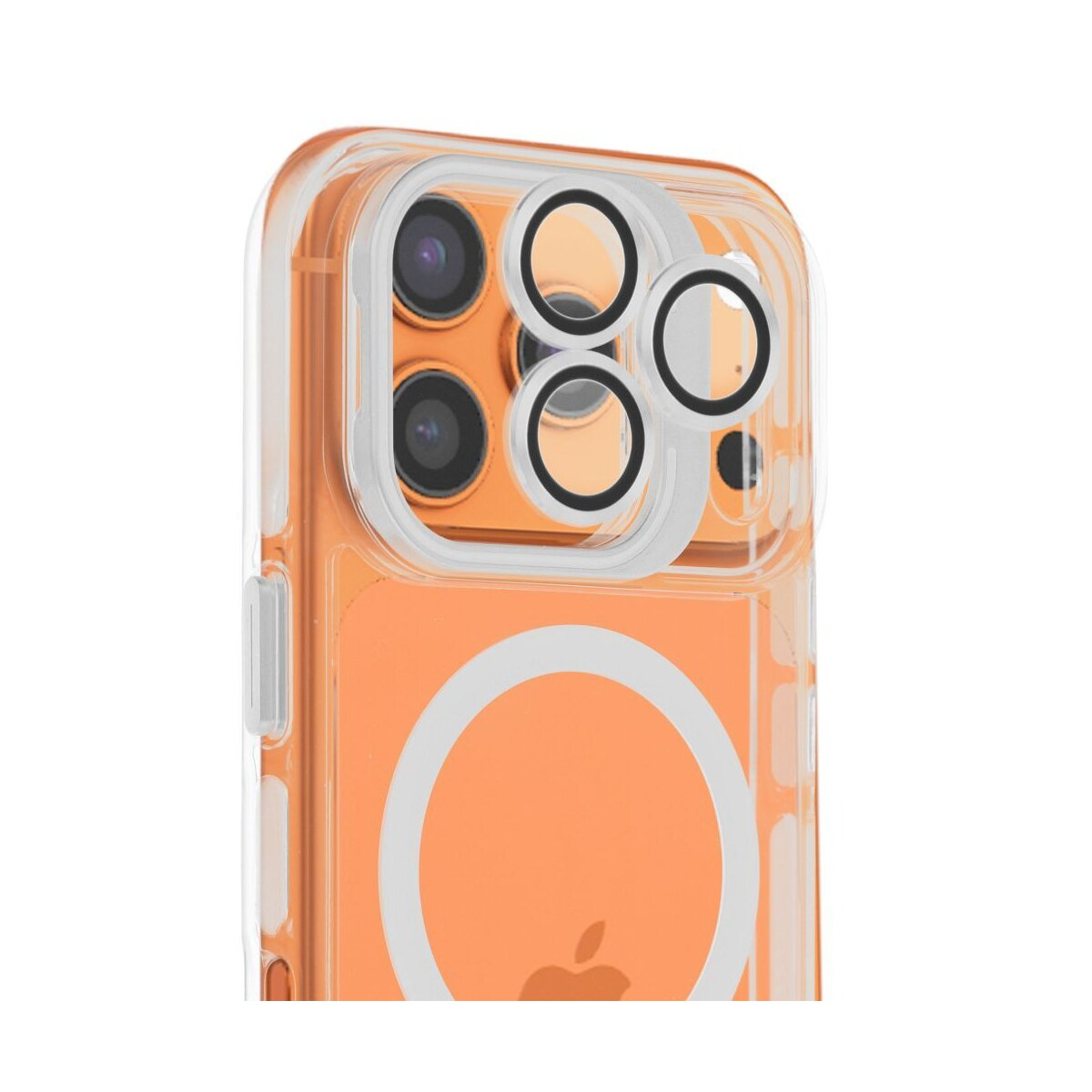 Nahaufnahme einer Handyhülle mit sichtbaren Kameralinsen. Die Hülle ist transparent mit orangefarbenem Hintergrund und weißem Kreismuster.