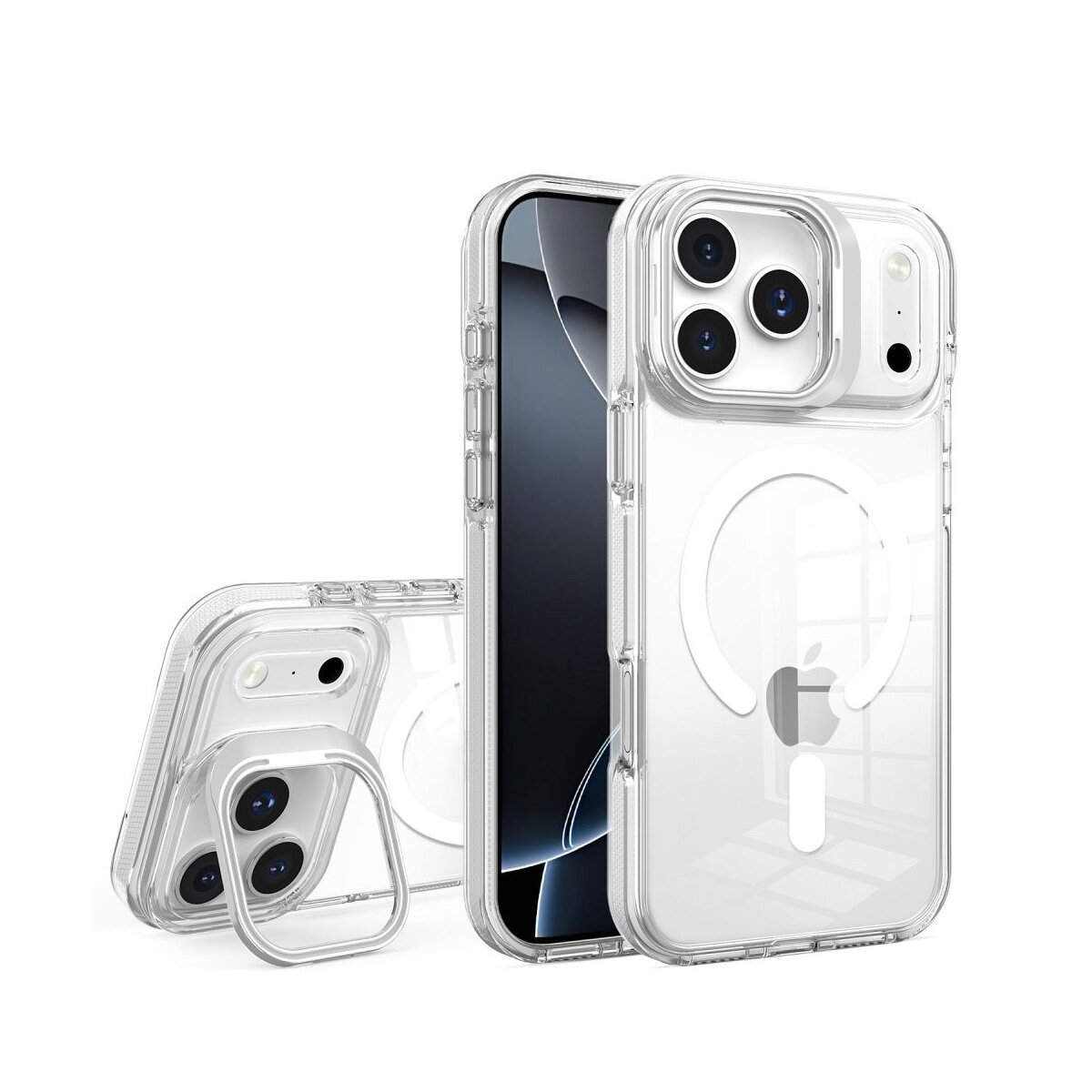 Drei transparente Handyhüllen mit einem Telefon. Eine hat einen Ringständer. Alle haben klares Plastik und das Apple-Logo.