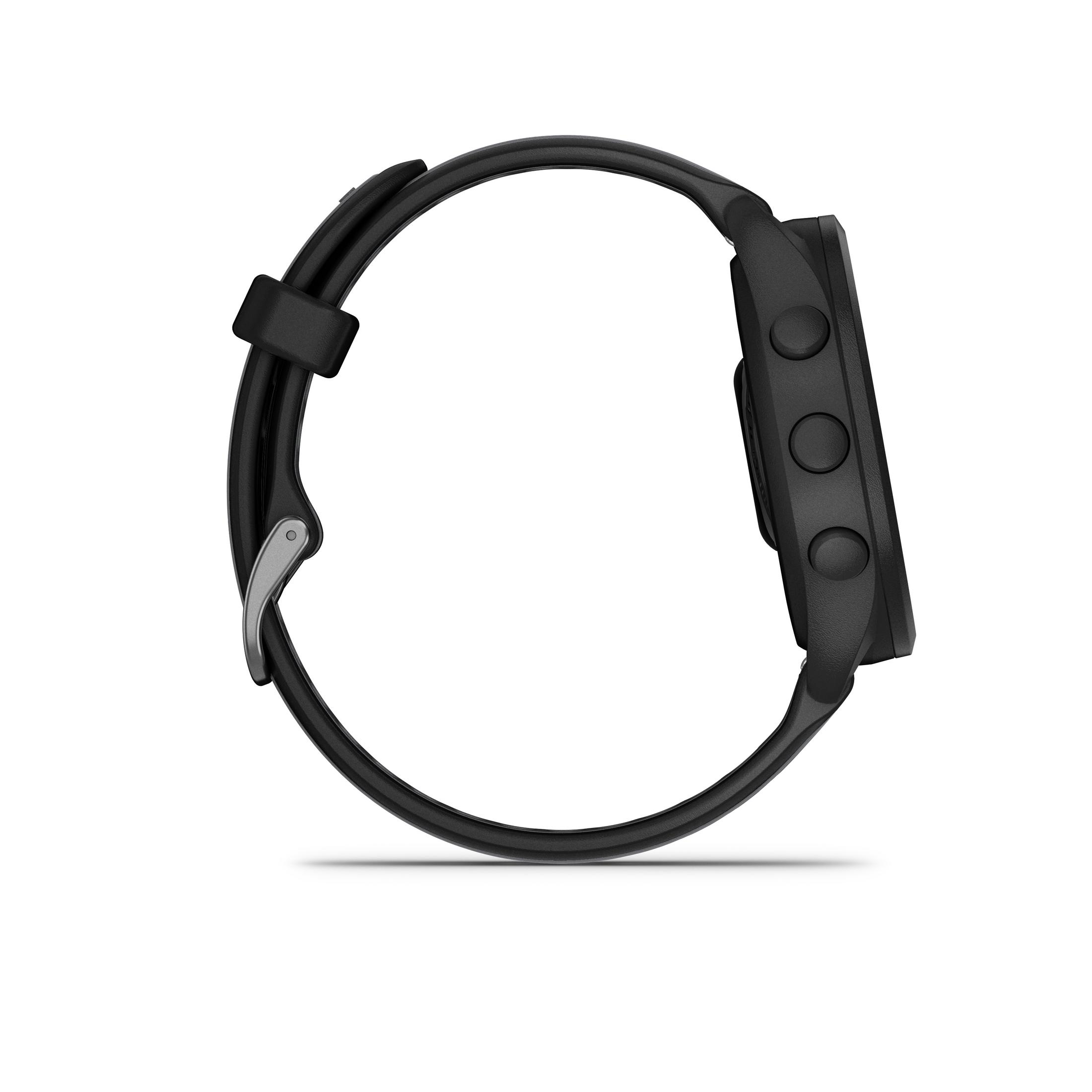 Un reloj deportivo negro con una banda circular y tres botones en el lateral.