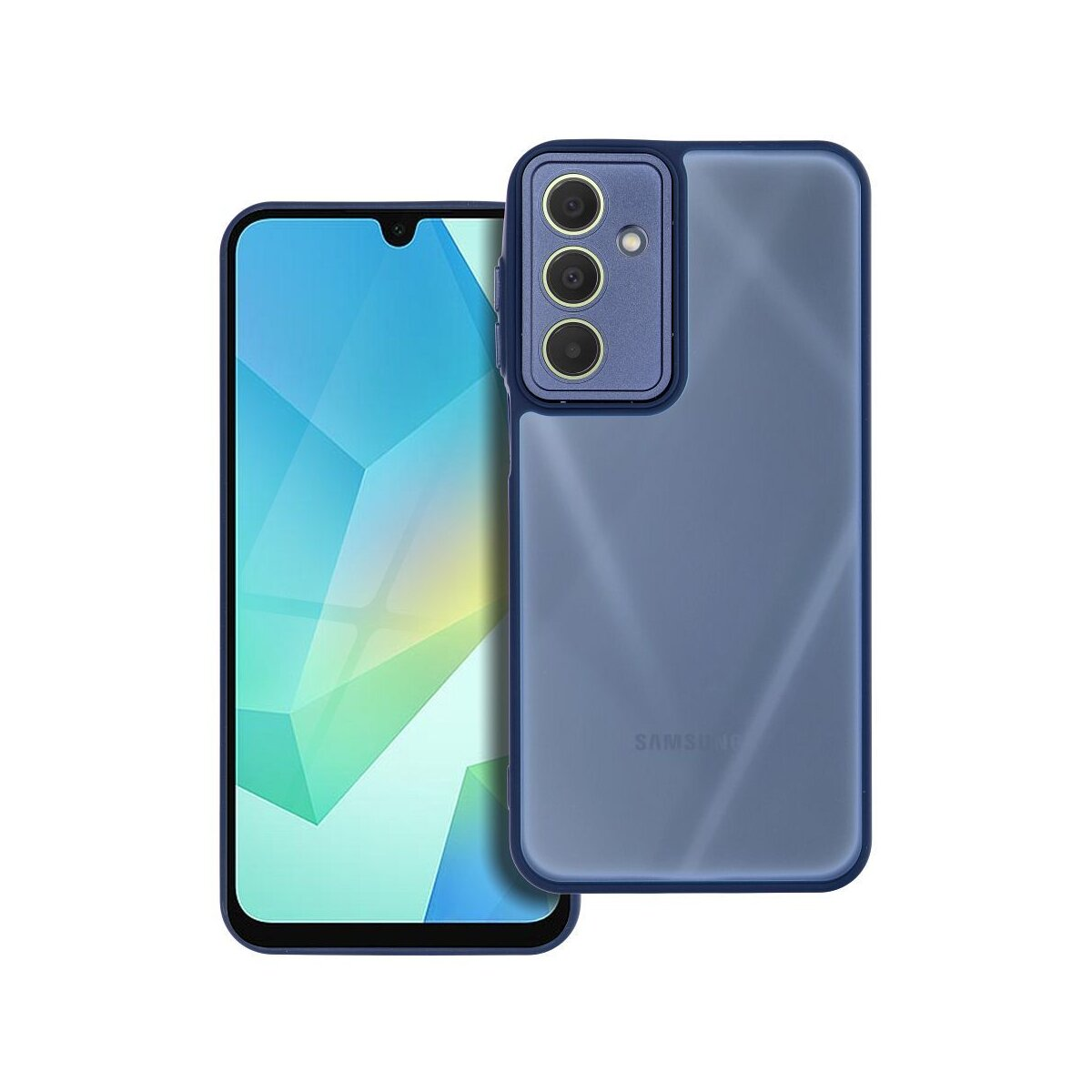Ein blaues Samsung-Smartphone mit Schutzhülle. Telefon und Hülle liegen nebeneinander auf weißem Hintergrund.