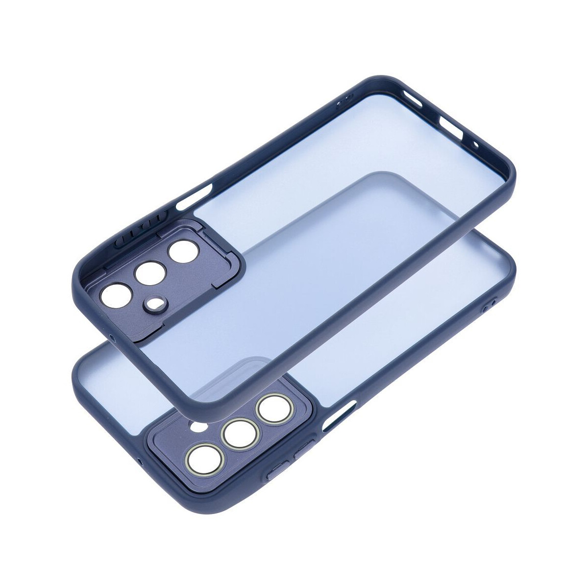 Zwei transparente Telefonhüllen, eine über der anderen, jede mit einem dunkelblauen Rahmen. Sichtbare Kameraausschnitte mit kreisförmigen Öffnungen.