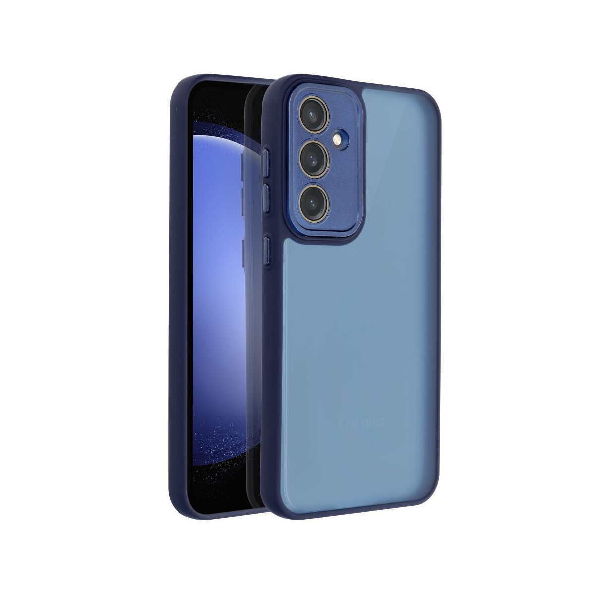 Ein blaues Telefon mit einer transparenten blauen Hülle. Das Telefon ist leicht angewinkelt und zeigt den Bildschirm.