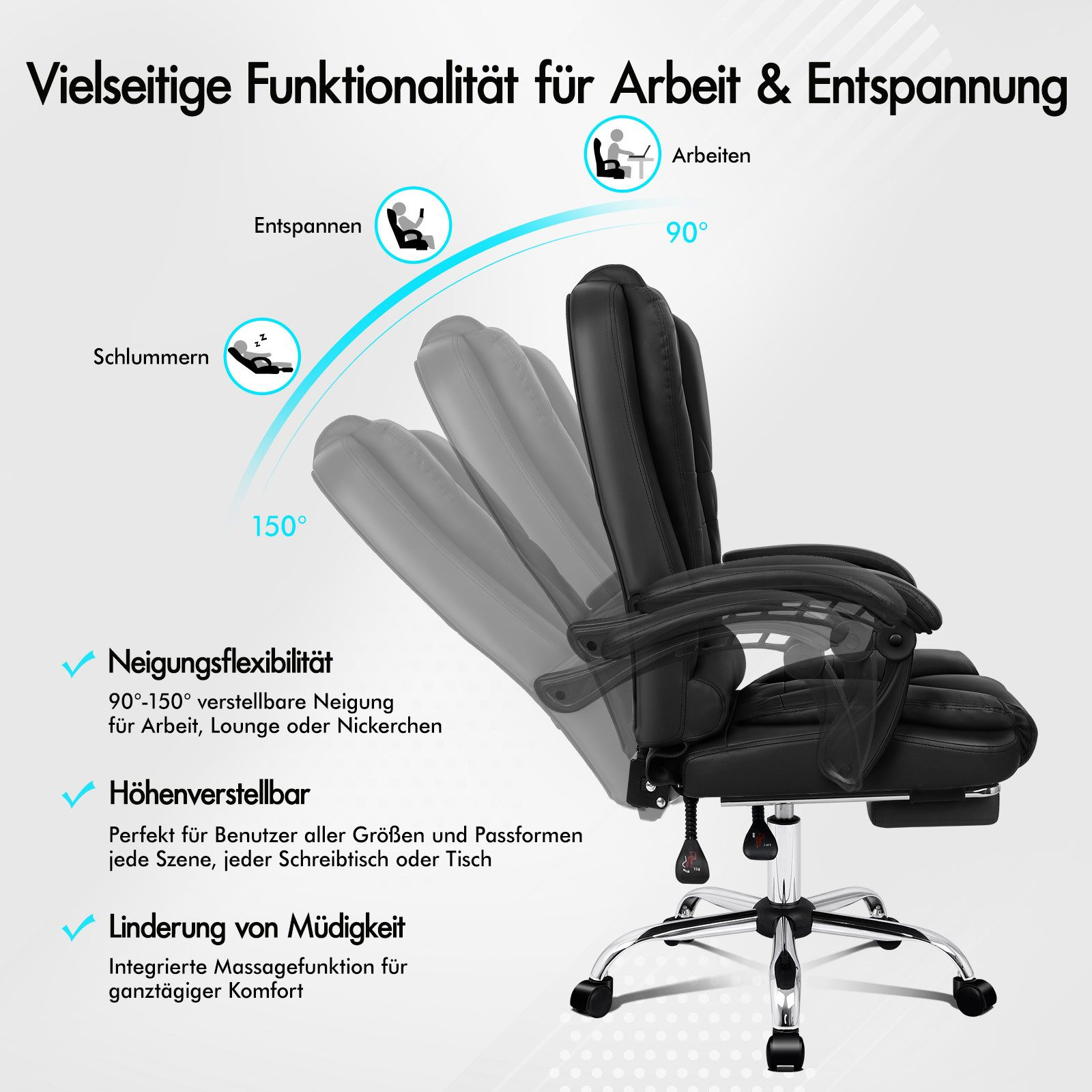Schwarzer Bürostuhl mit verstellbaren Funktionen. Zeigt verschiedene Winkel für Arbeit, Entspannung und Nickerchen. Text hebt Funktionen hervor.