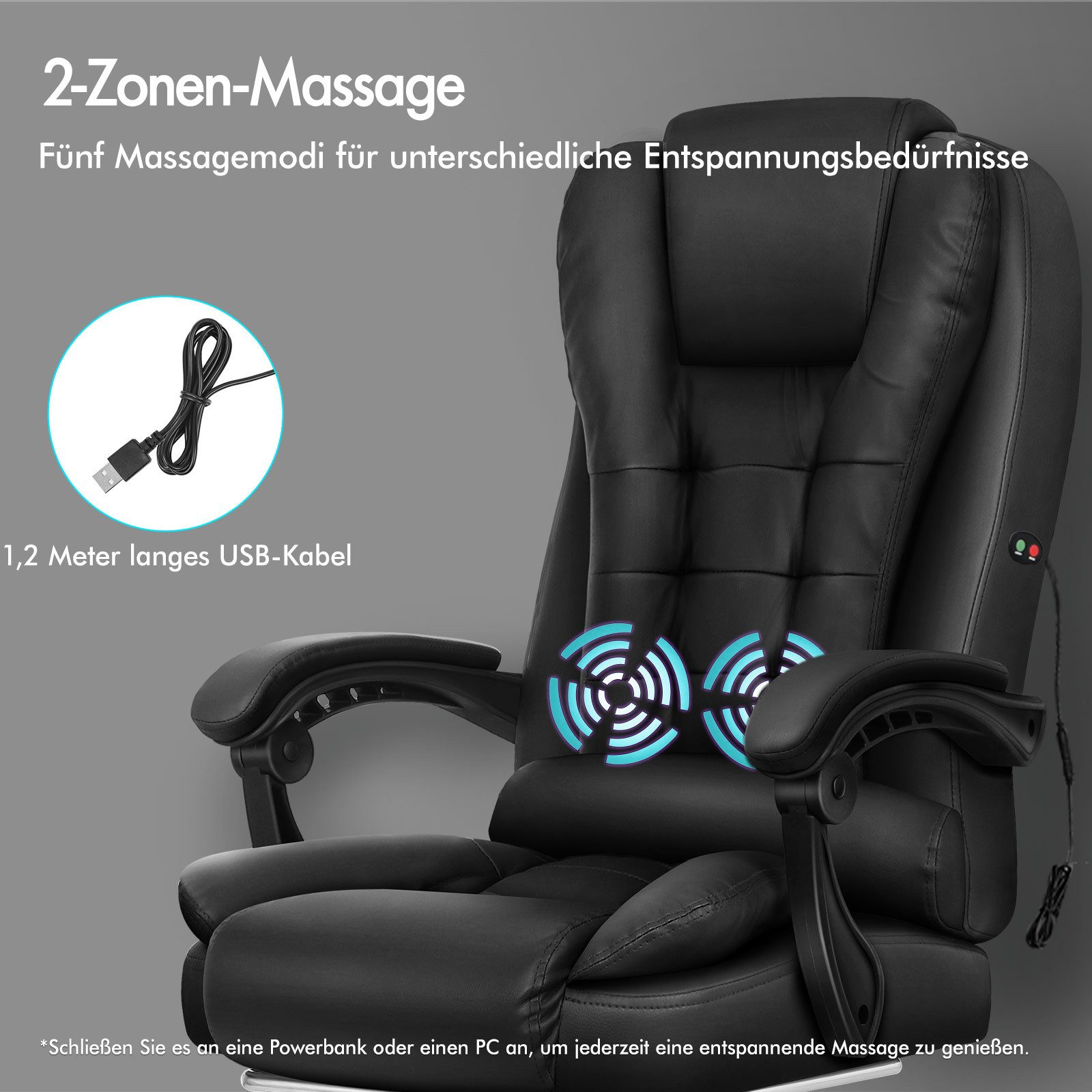 Schwarzer Massagestuhl mit blauen Massagesymbolen. Inklusive USB-Kabel. Text: 2-Zonen-Massage.