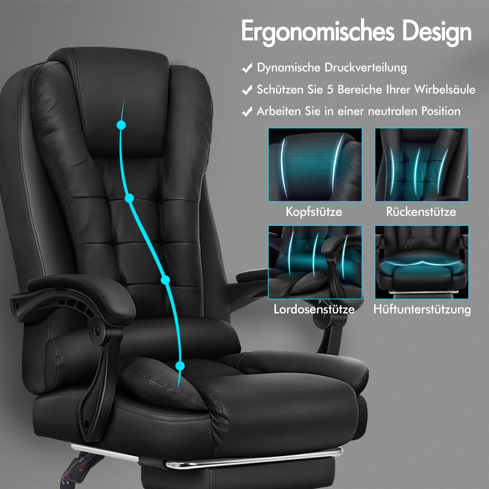 Ein schwarzer ergonomischer Bürostuhl mit Kopf-, Rücken-, Lendenwirbelstütze und Sitz. Er hat Armlehnen und ein silbernes Gestell.
