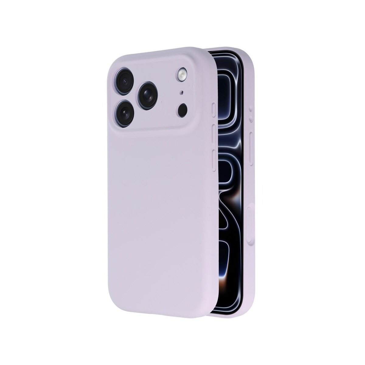 Eine lavendelfarbene Handyhülle mit einem iPhone darin. Die Hülle hat Kameraausschnitte. Der Bildschirm ist rechts sichtbar.